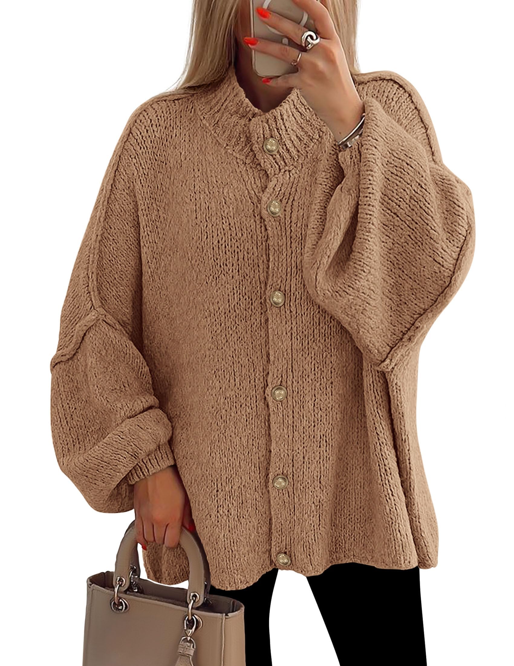 Women's Oversized Chunky Cardigan Sweaters(Khaki,Small)