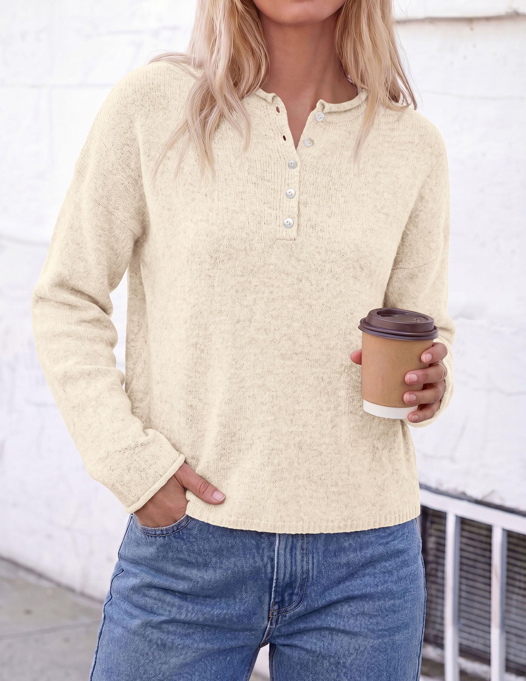 Women's Henley Cozy Sweaters Button Up Pullover Beige S