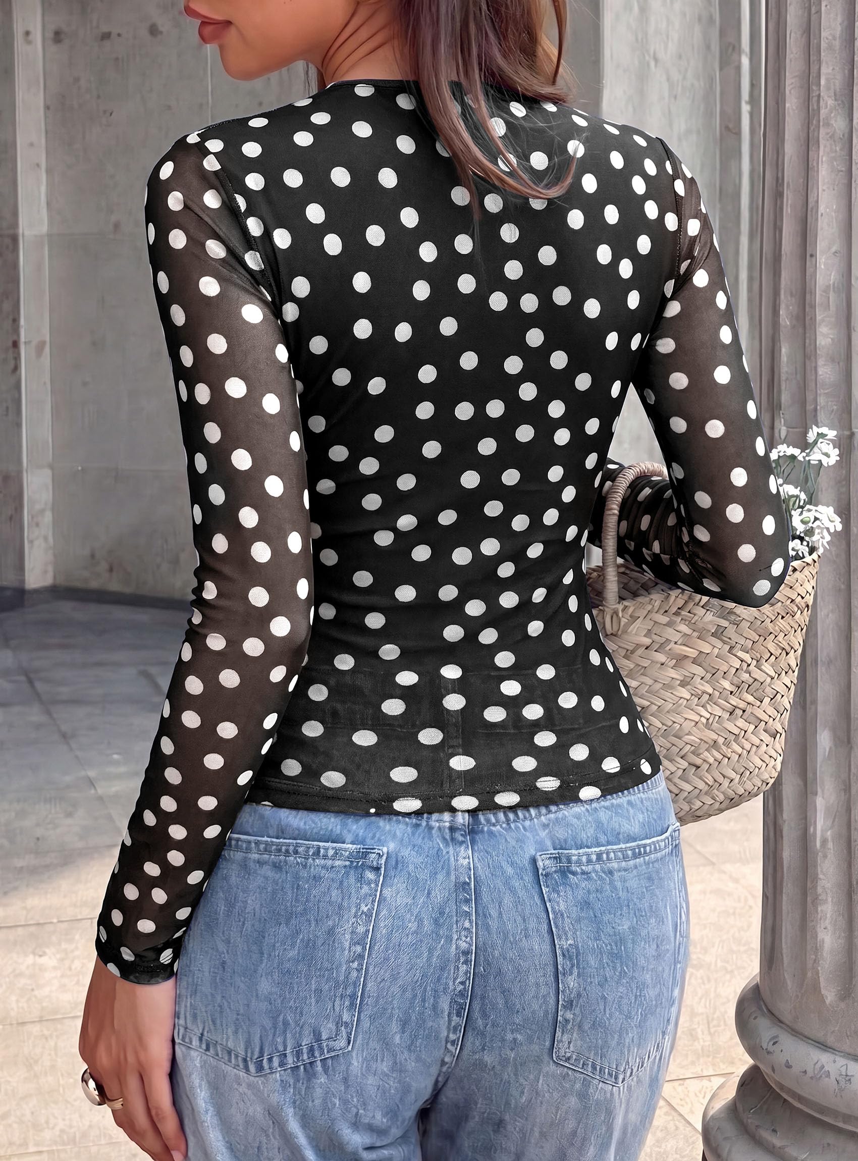 Womens Mesh Wrap Dressy Top Floral V Neck Long Sleeve Shirts
