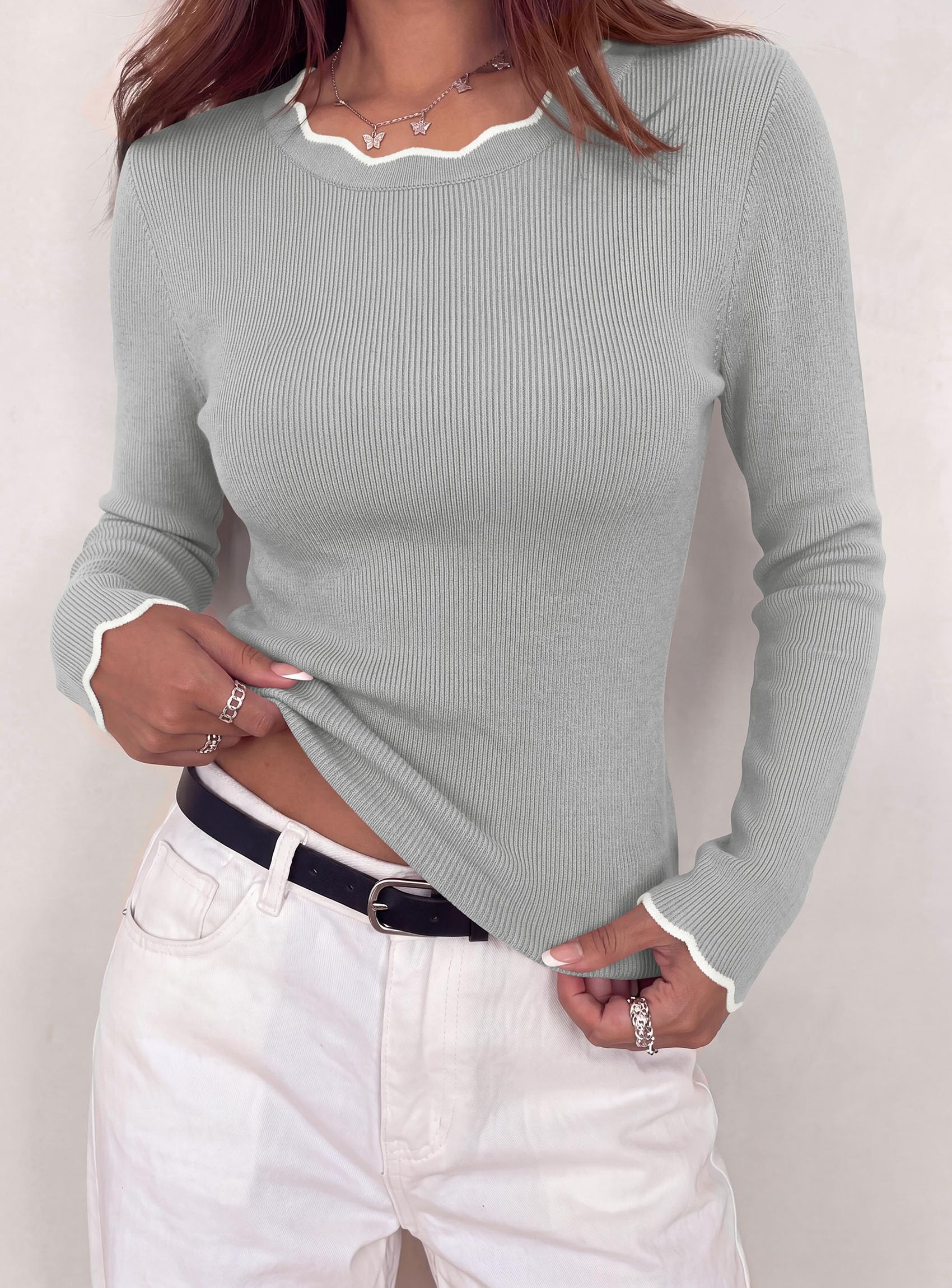 Women's Long Sleeve Ribbed Knit Pullover Sweaters,Grey,S