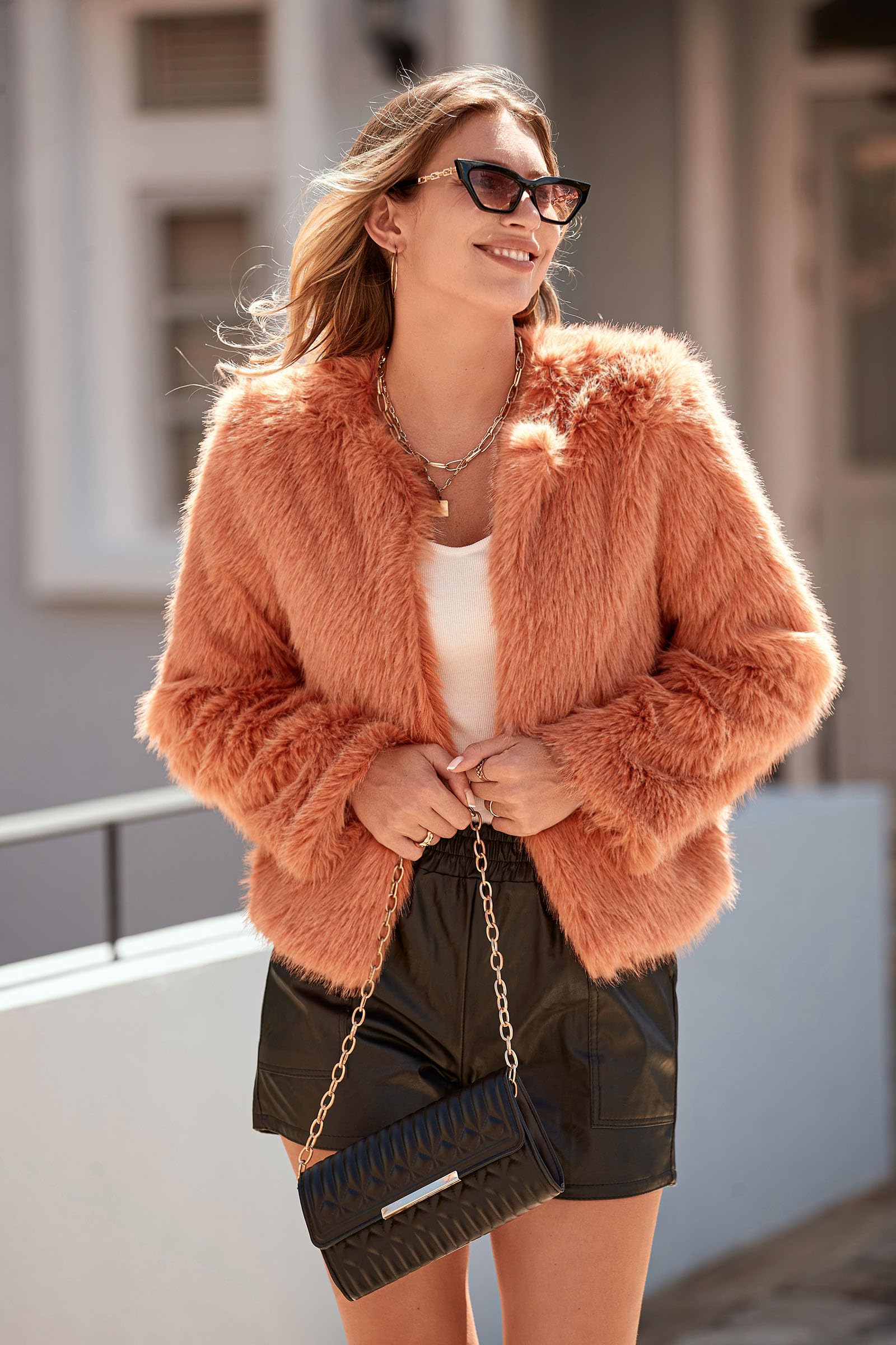 Women's Winter Cropped Faux Fur Coats(Orange,Small)