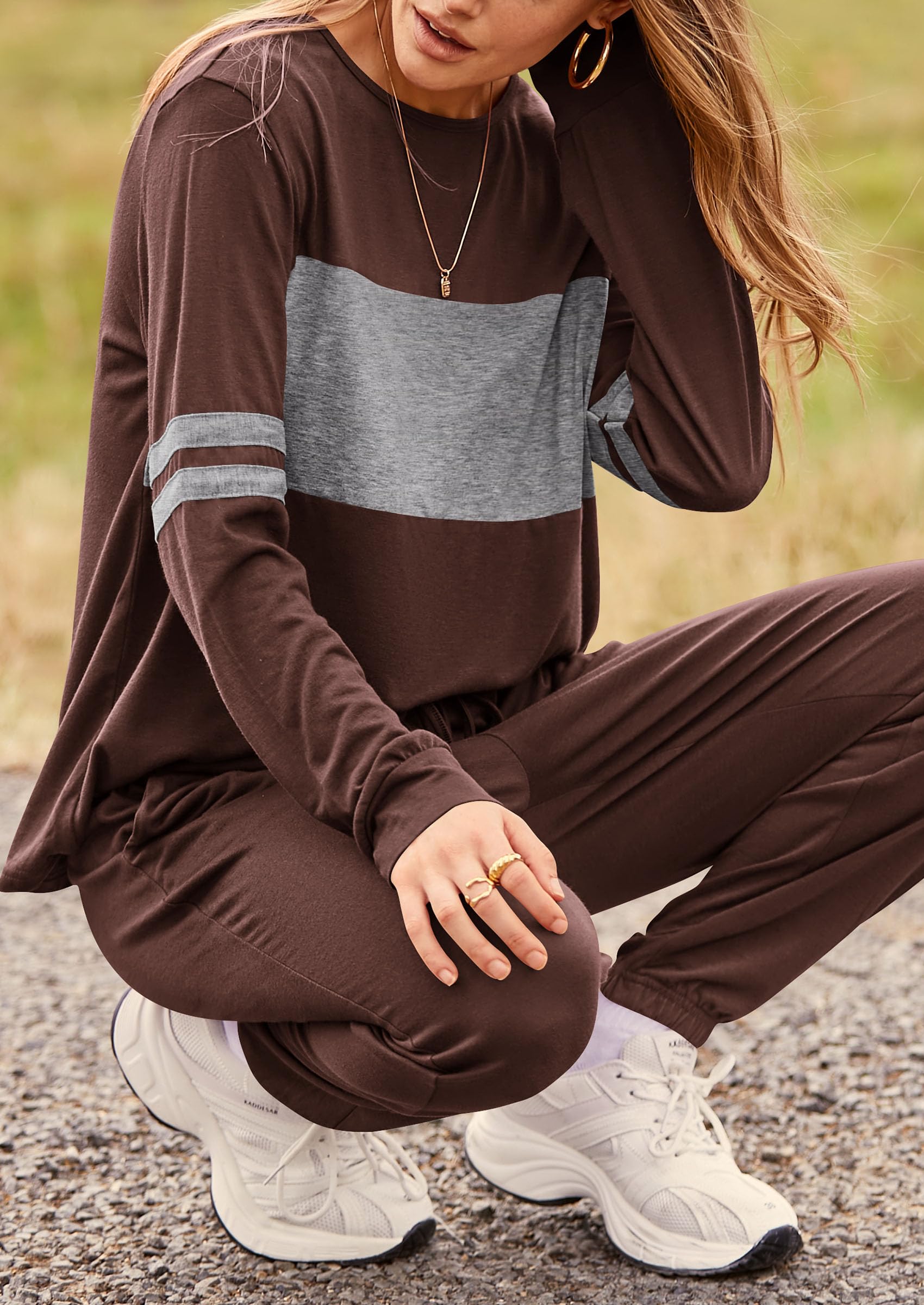 Women Color Block 2 Piece Sets Tracksuit,Brown,S