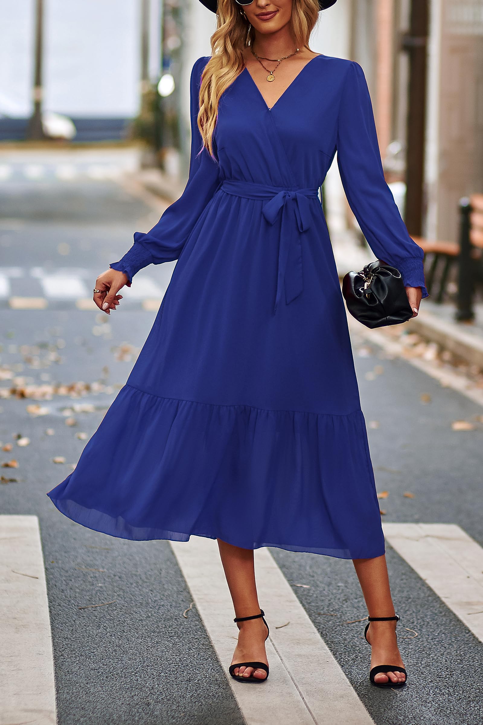 Women's Boho Long Sleeve Maxi Dress, Solid Blue,S