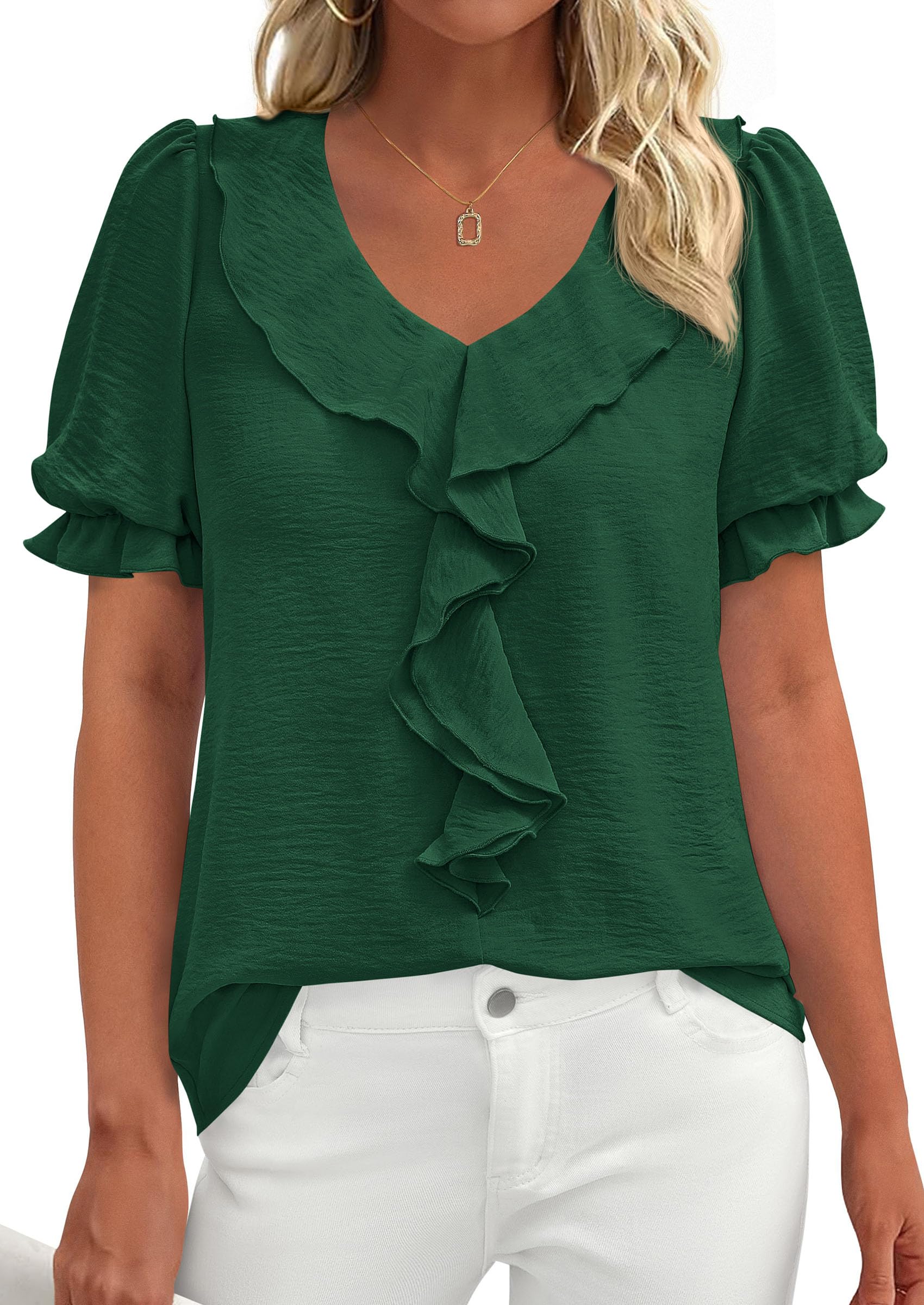 Women's Summer Ruffle Dressy Casual Blouses (Dark Green,S)