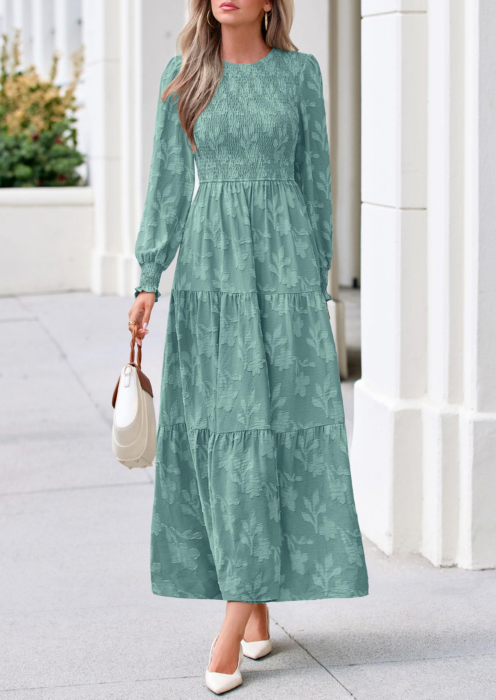 Fall Floral Long Sleeve Wedding Guest Dress for Women Pockets