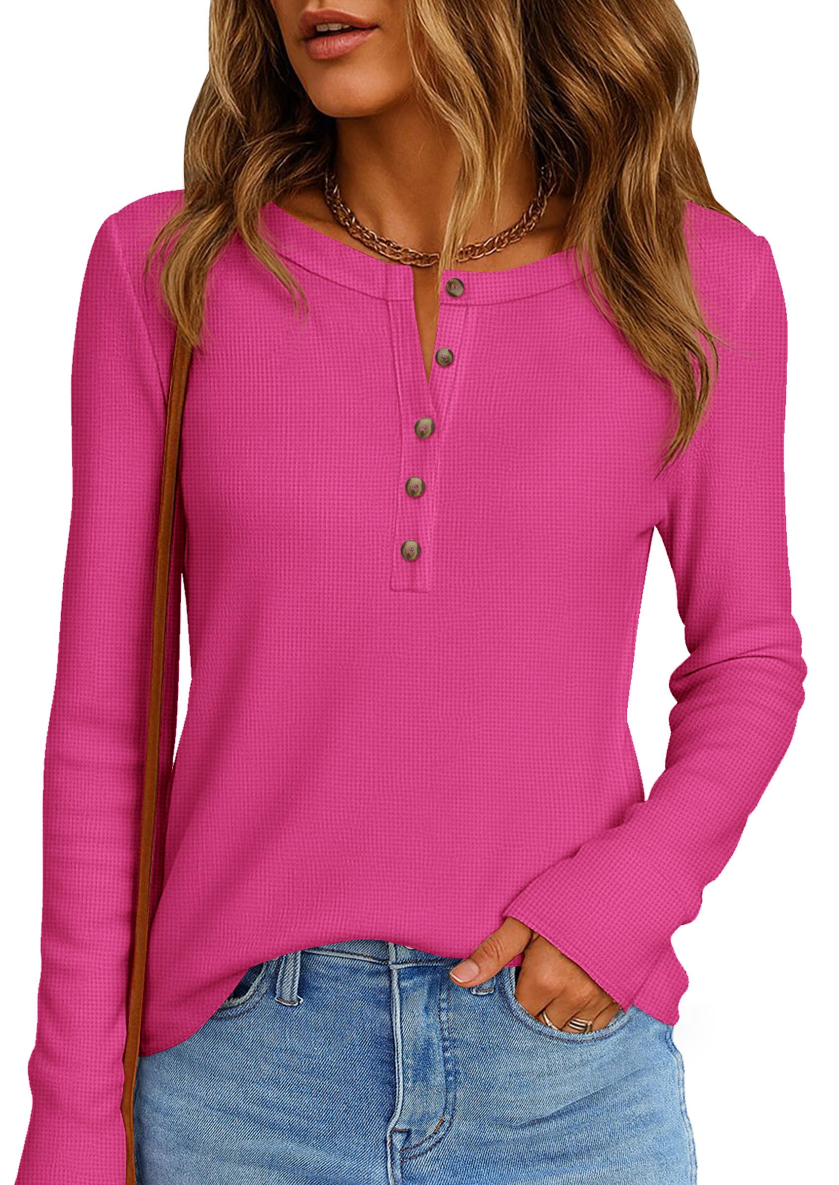 Women's Long Sleeve Waffle Knit Henley Shirts Loose Tunic Tops