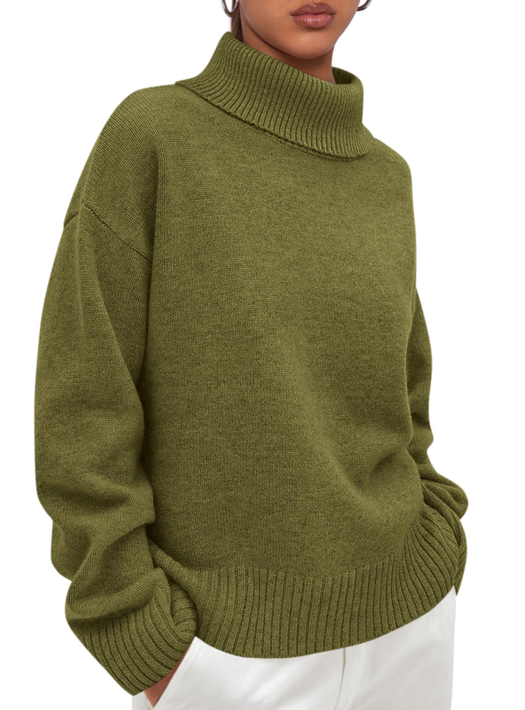 Womens Turtleneck Long Sleeve Knit Sweater,Olive Green,M