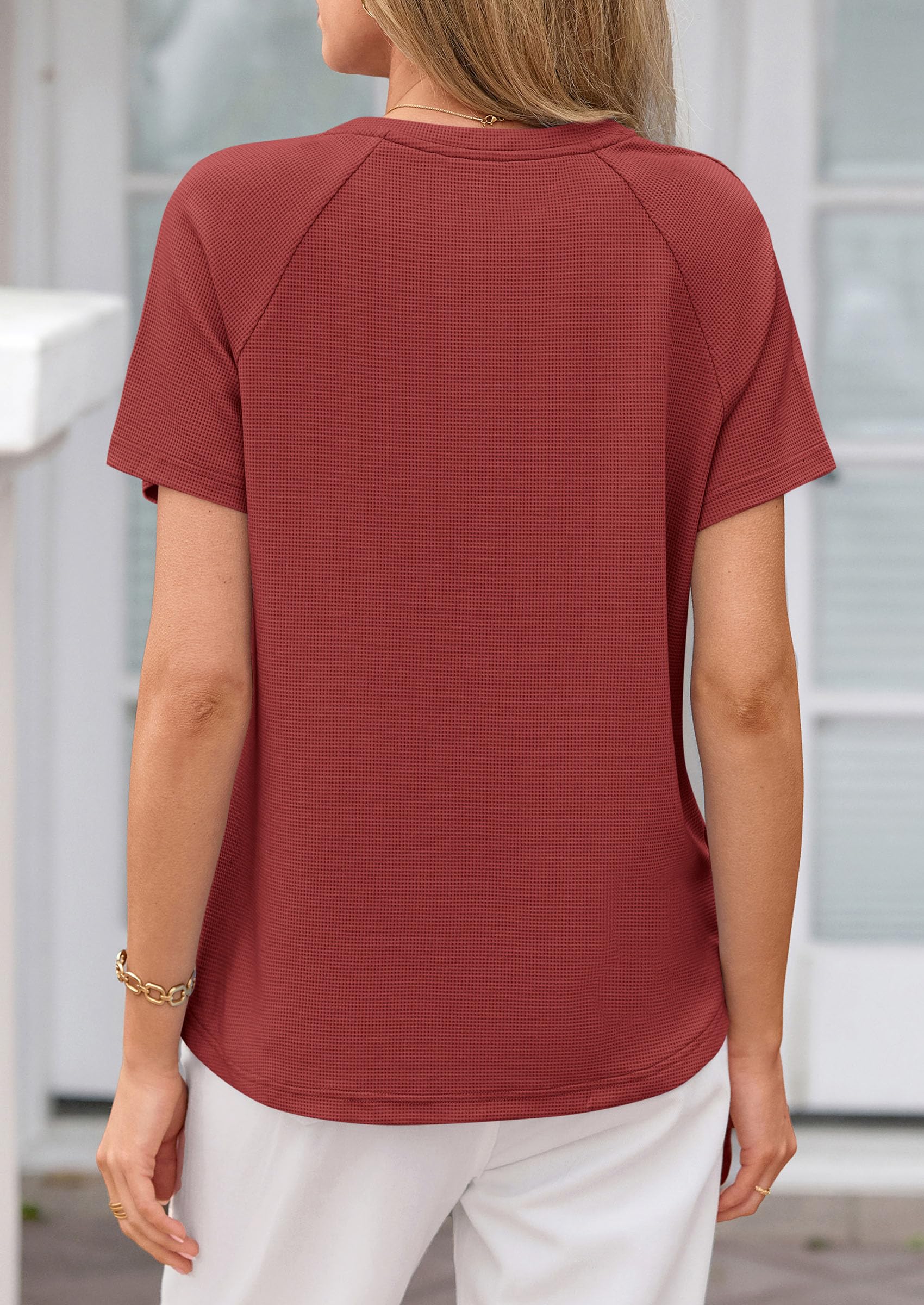 Women's Short Sleeve Waffle Knit Henley Shirts, Rust,S