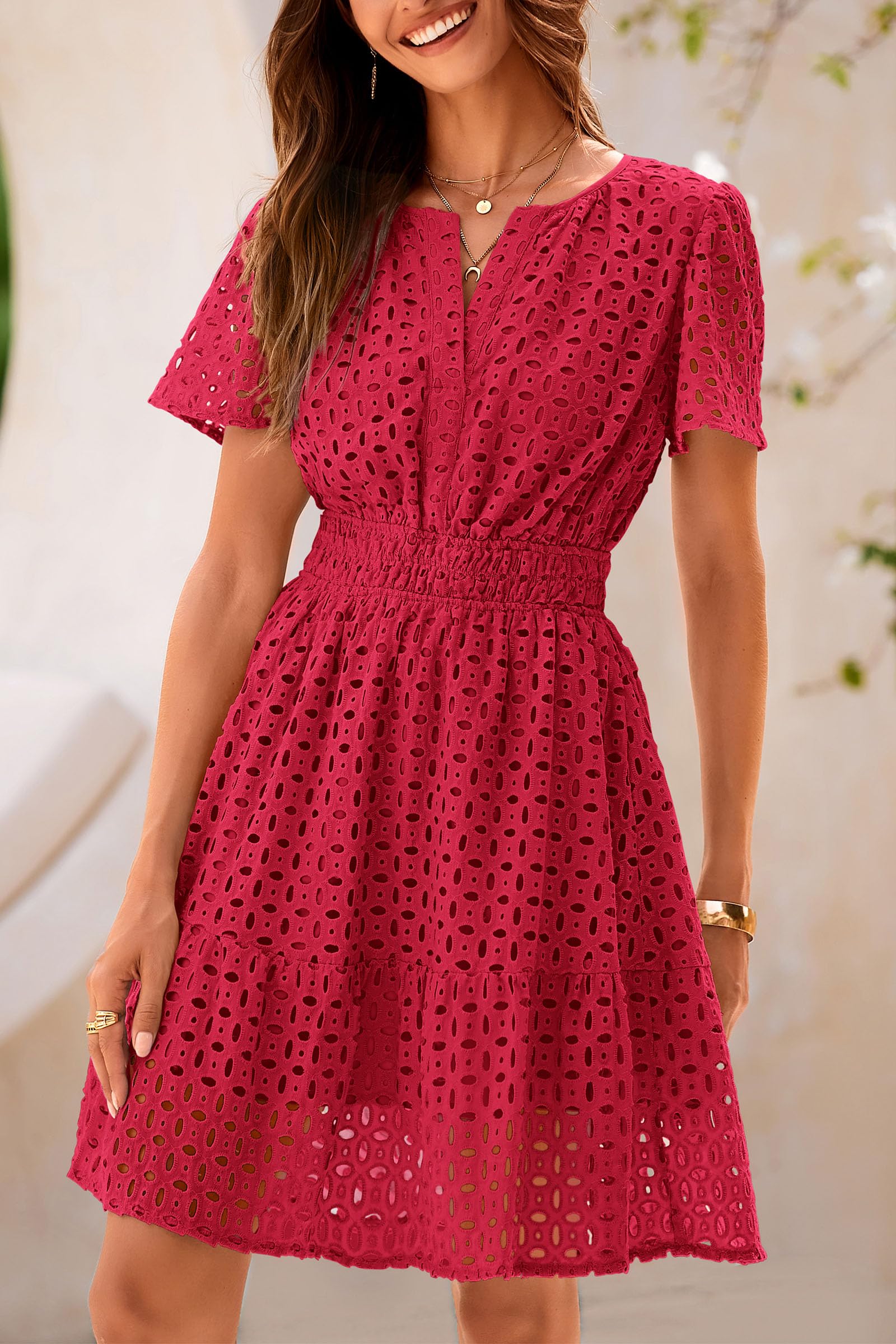 Women's Summer Eyelet Lace Short Dresses (Red,S)