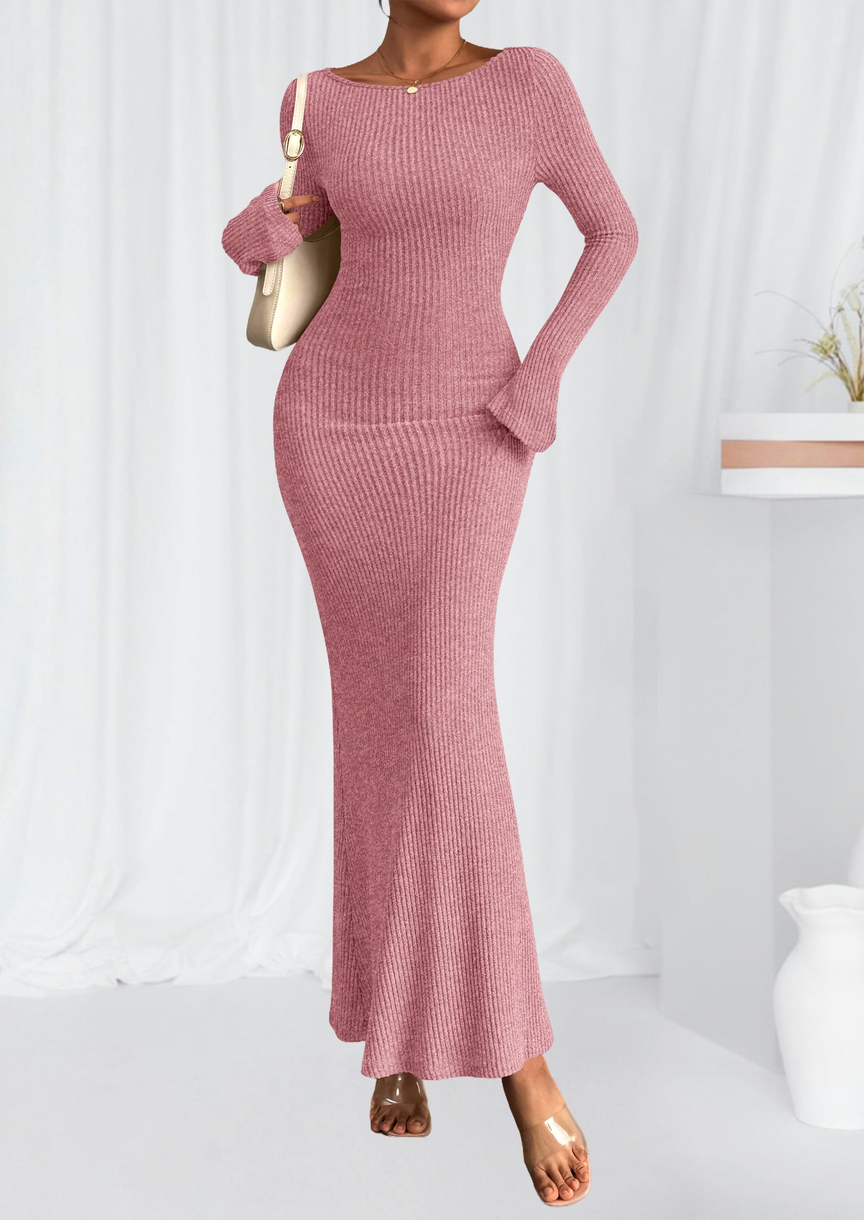 Women's Fall Long Sleeve Bodycon Maxi Dresses (Pink,XS)