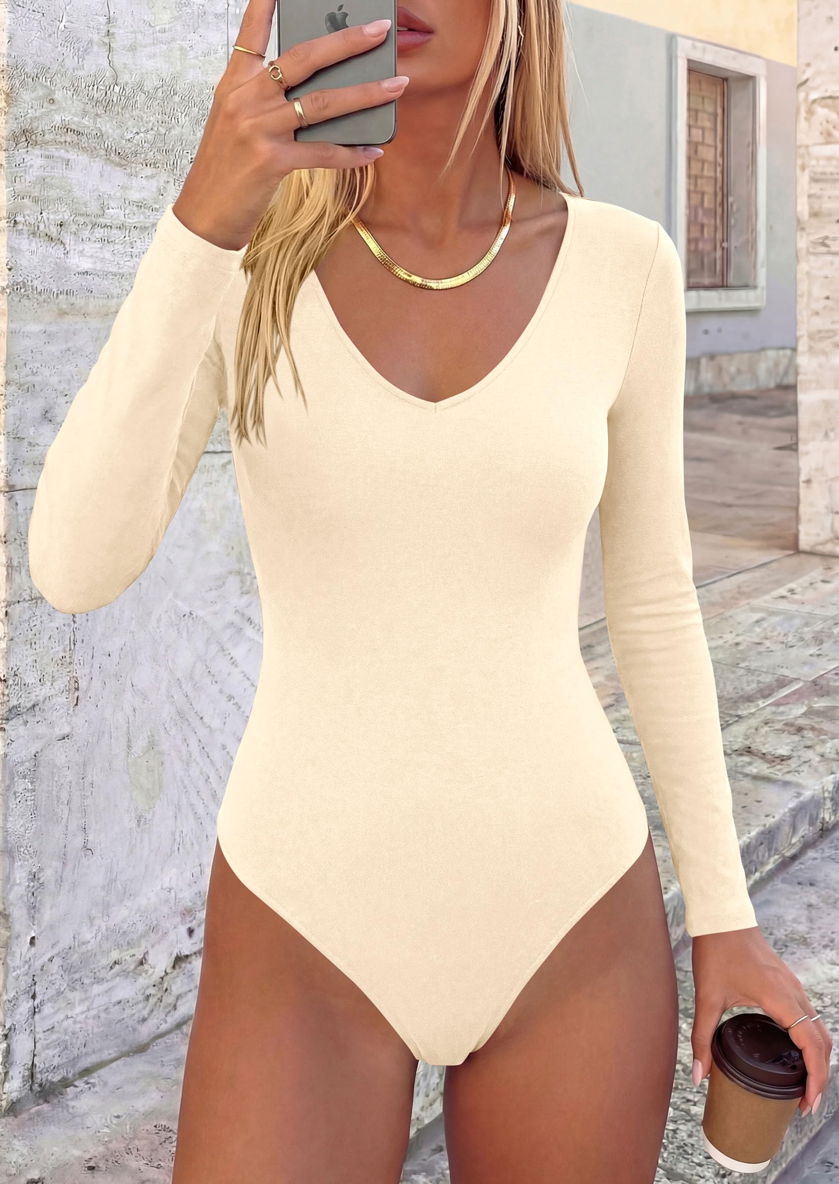Women's V Neck Long Sleeve Bodysuits Tops (Beige,XS)
