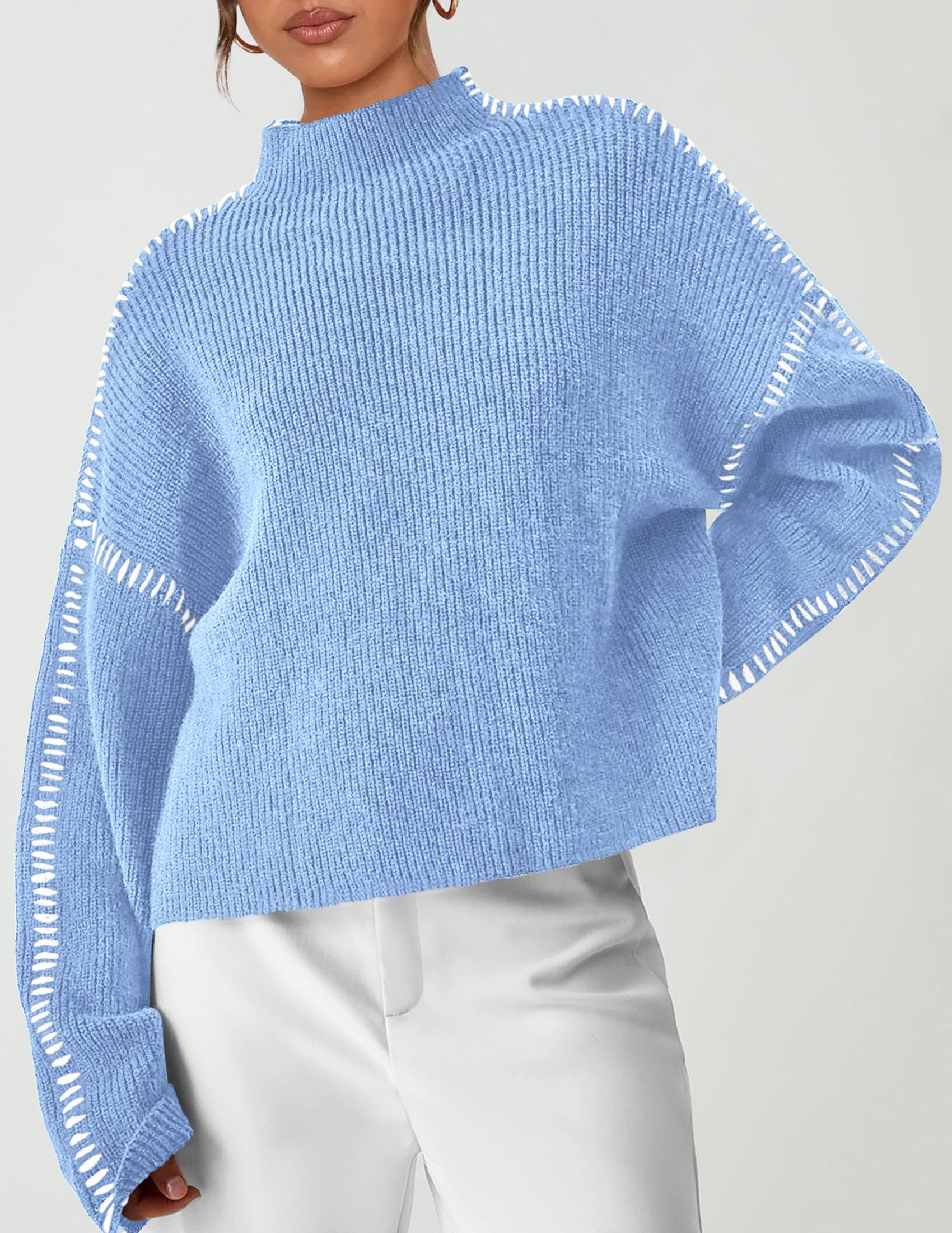 Womens Chunky Knit Oversized Pullover Sweaters,Light Blue,S