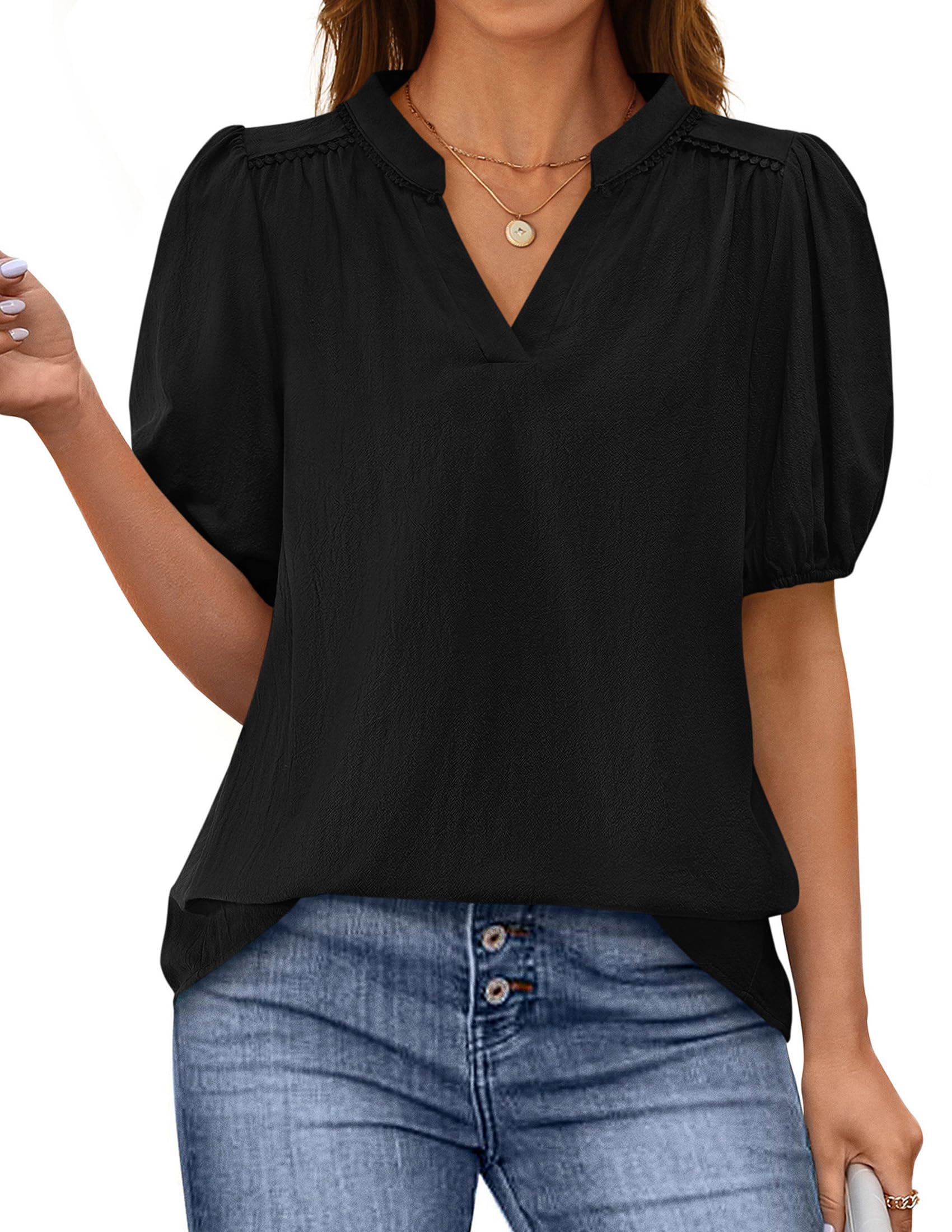 Womens Short Puff Sleeve V Neck Blouses,Black,S