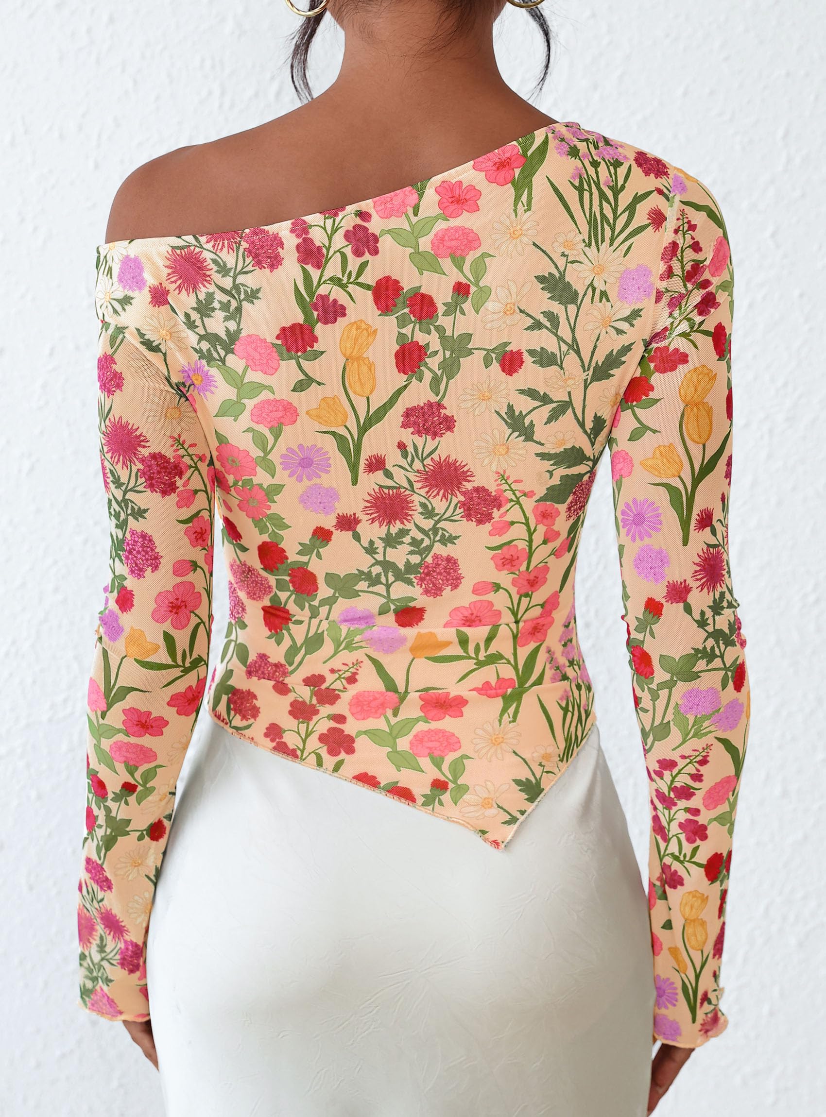 Womens Off Shoulder Mesh Y2k Tops,Floral Apricot Multi,XS