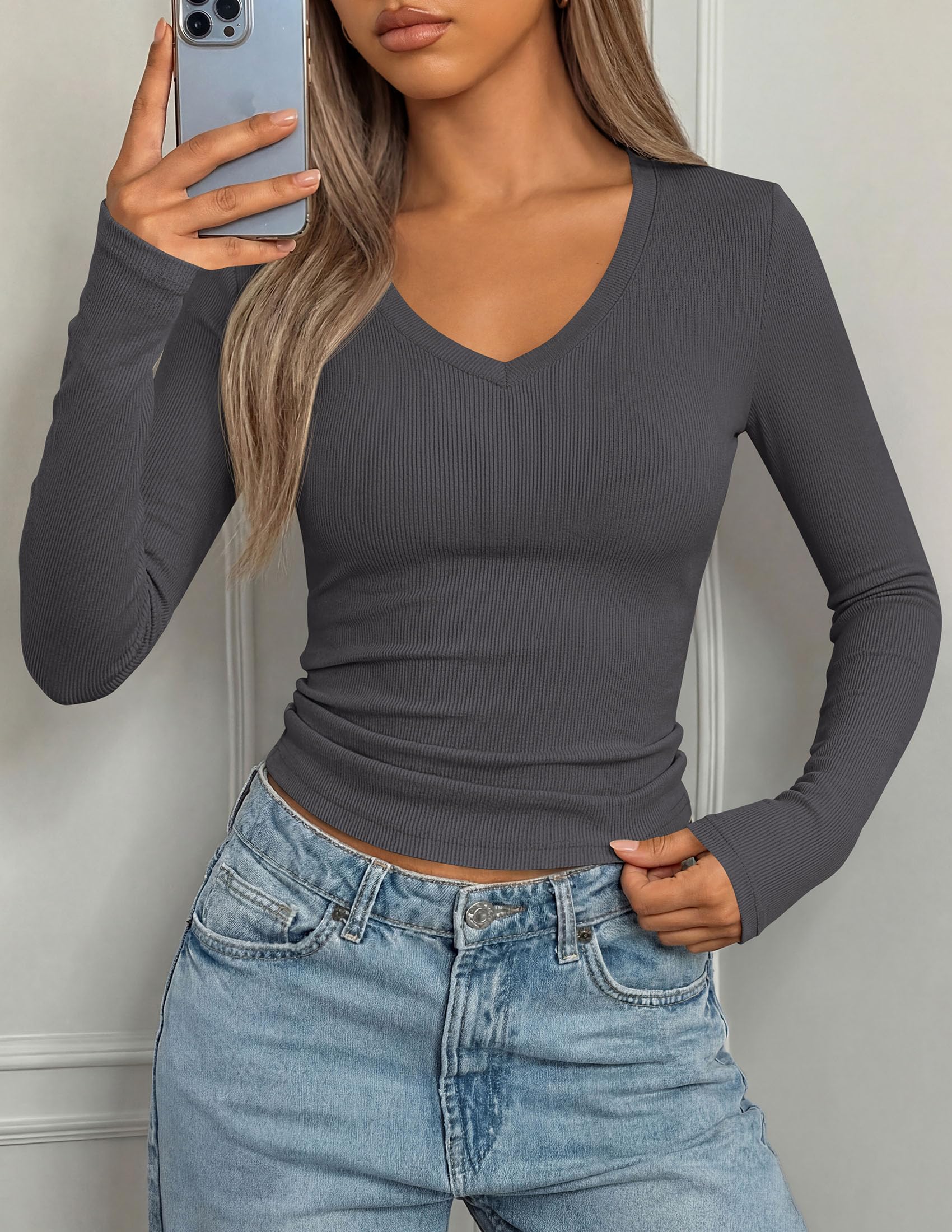 Womens Long Sleeve Ribbed V Neck Knit Shirts(Dark Grey,S)