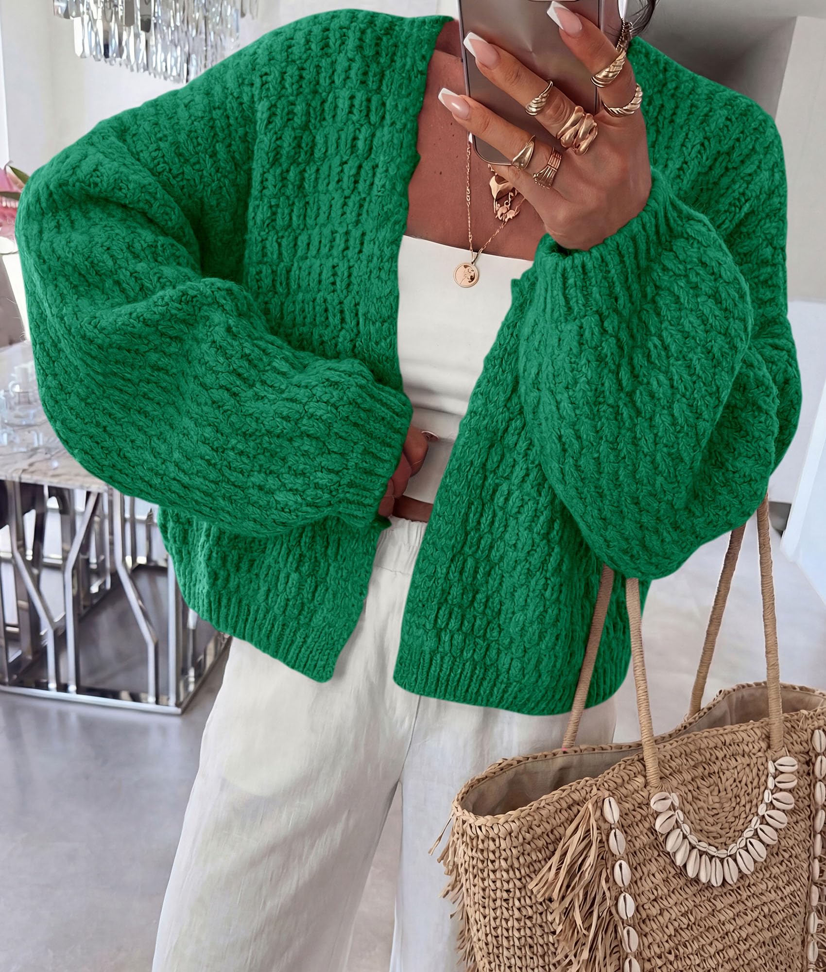 Women's Fall Cardigan Open Front Chunky Sweaters Green S