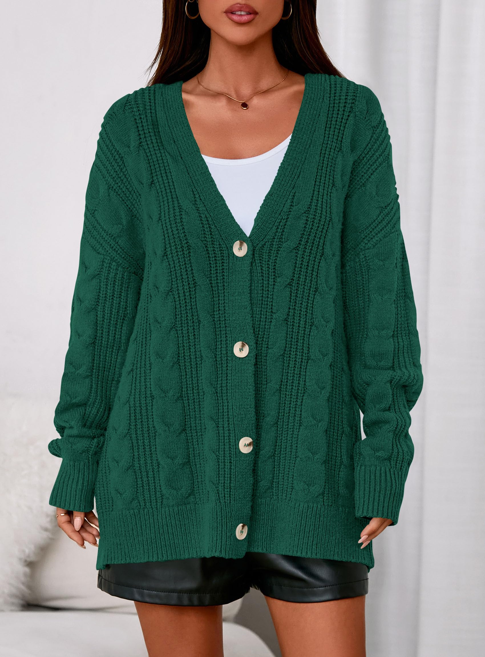 Womens Chunky Cardigan Sweaters 2025 Fall Oversized Cable Knit Long Sleeve Open Front Cardigans Winter Clothing (Dark Green,Large)
