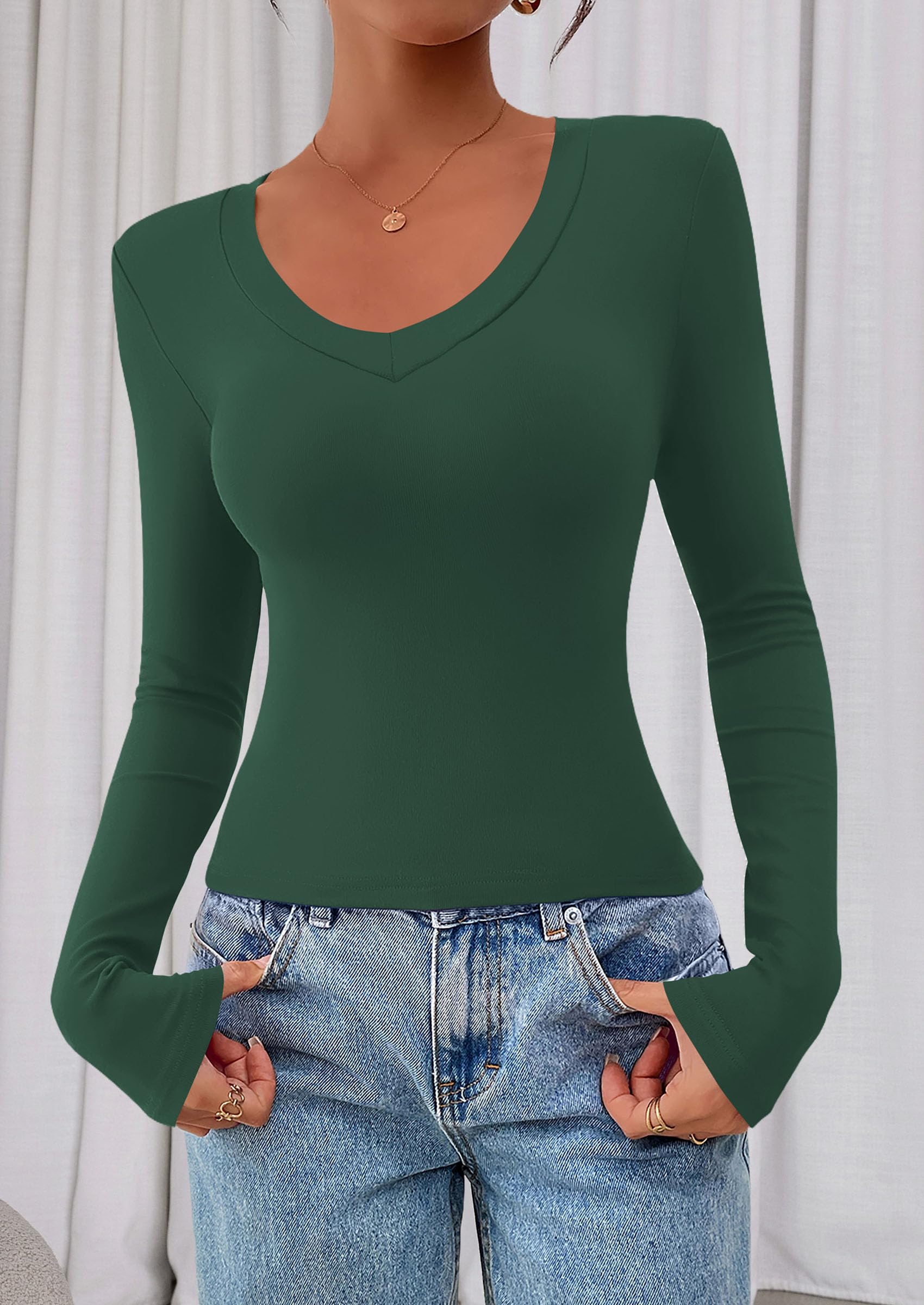 Womens Long Sleeve Slim Fit Crop Tops,Dark Green,XS