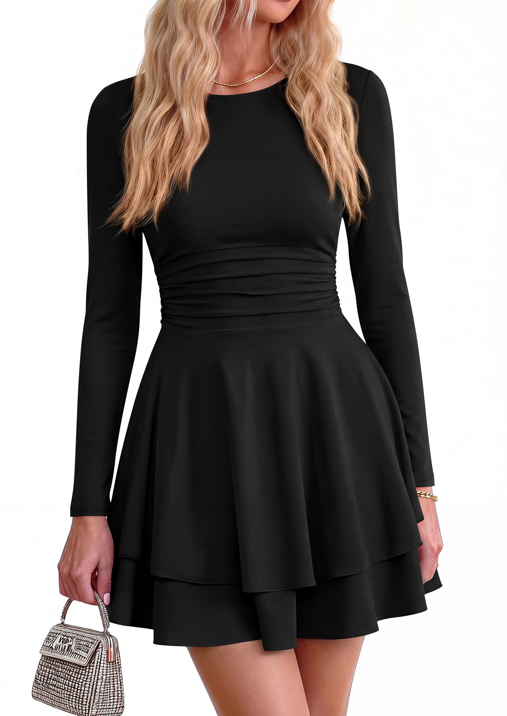 Womens Fit and Flare Crewneck Long Sleeve Mini Dress Black,S