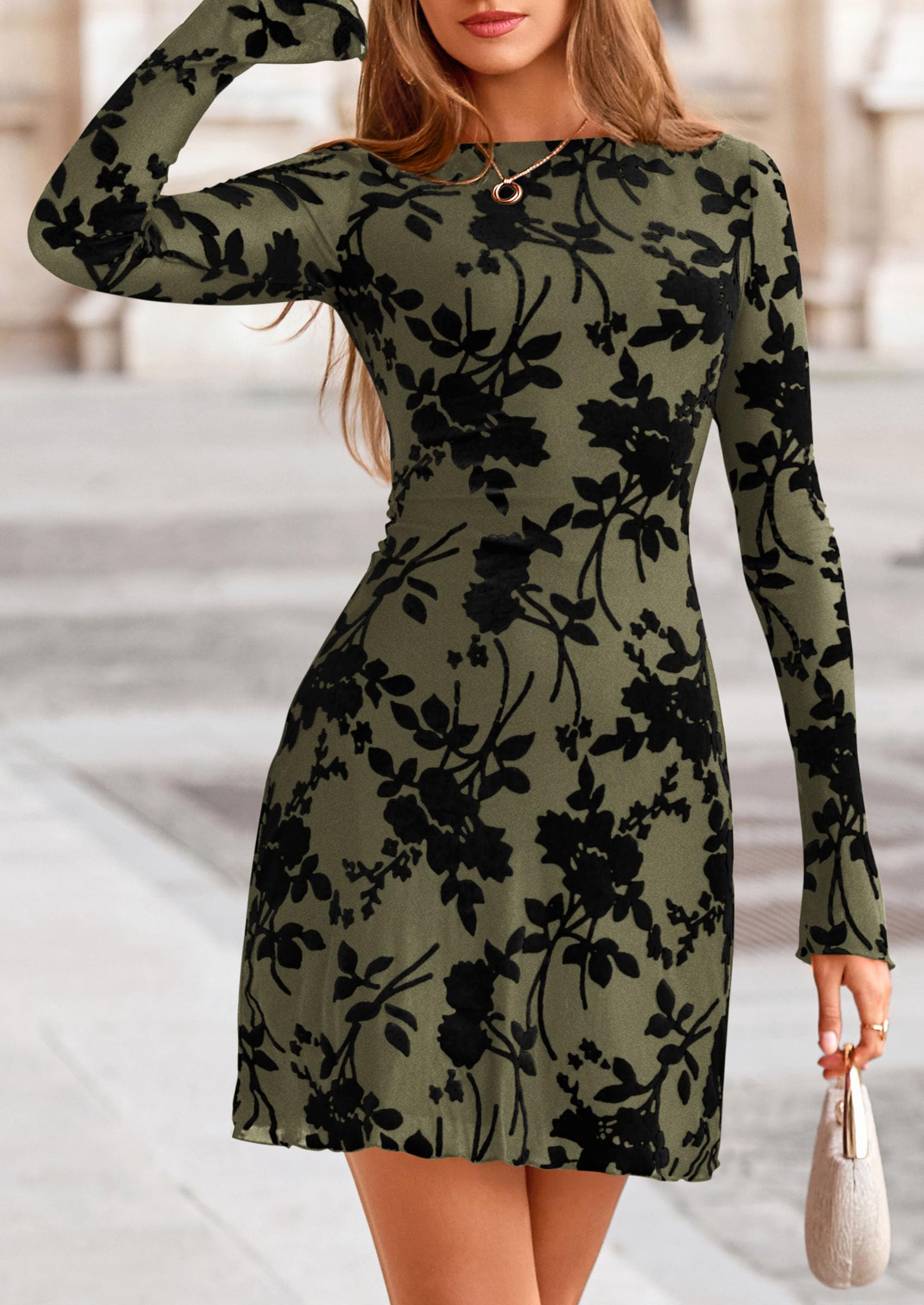 Women's Fall Floral Long Sleeve Mini Dress (Army Green,XS)