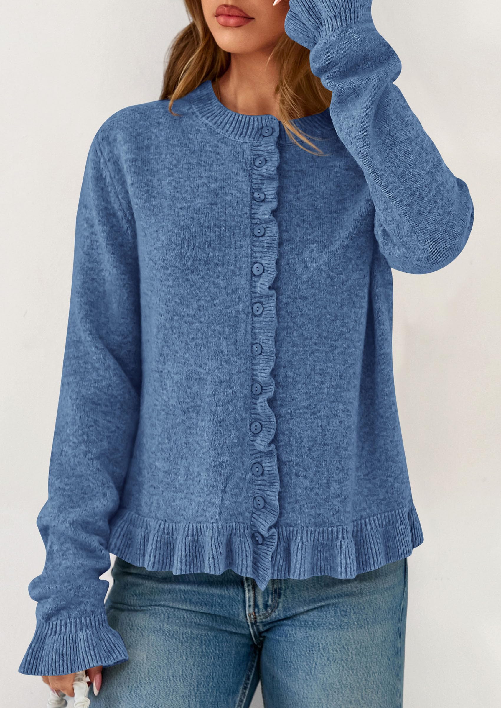 Womens Ruffle Button Down Cardigan Sweaters,Grey Blue,S