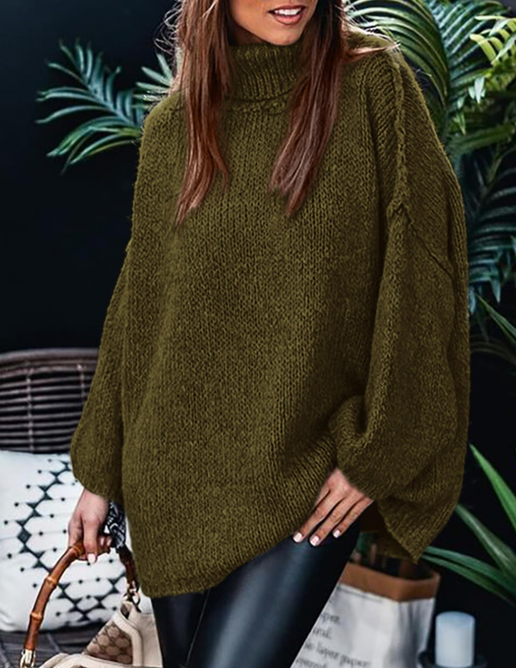 Womens Turtleneck Long Sleeve Oversized Sweaters,Army Green,S