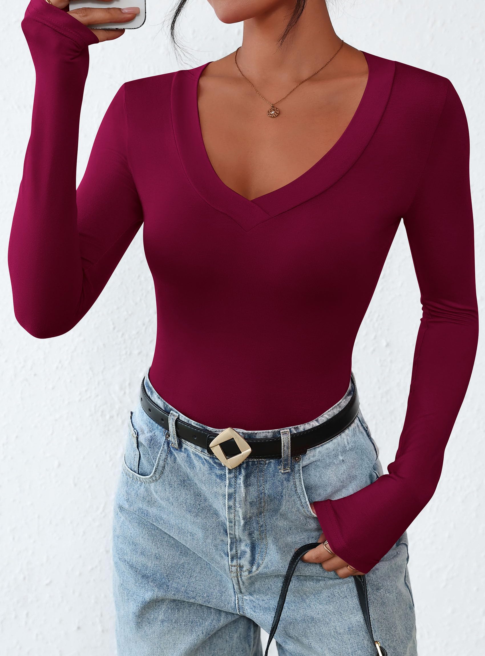 Women's V Neck Long Sleeve Shirts,Burgundy,X-S