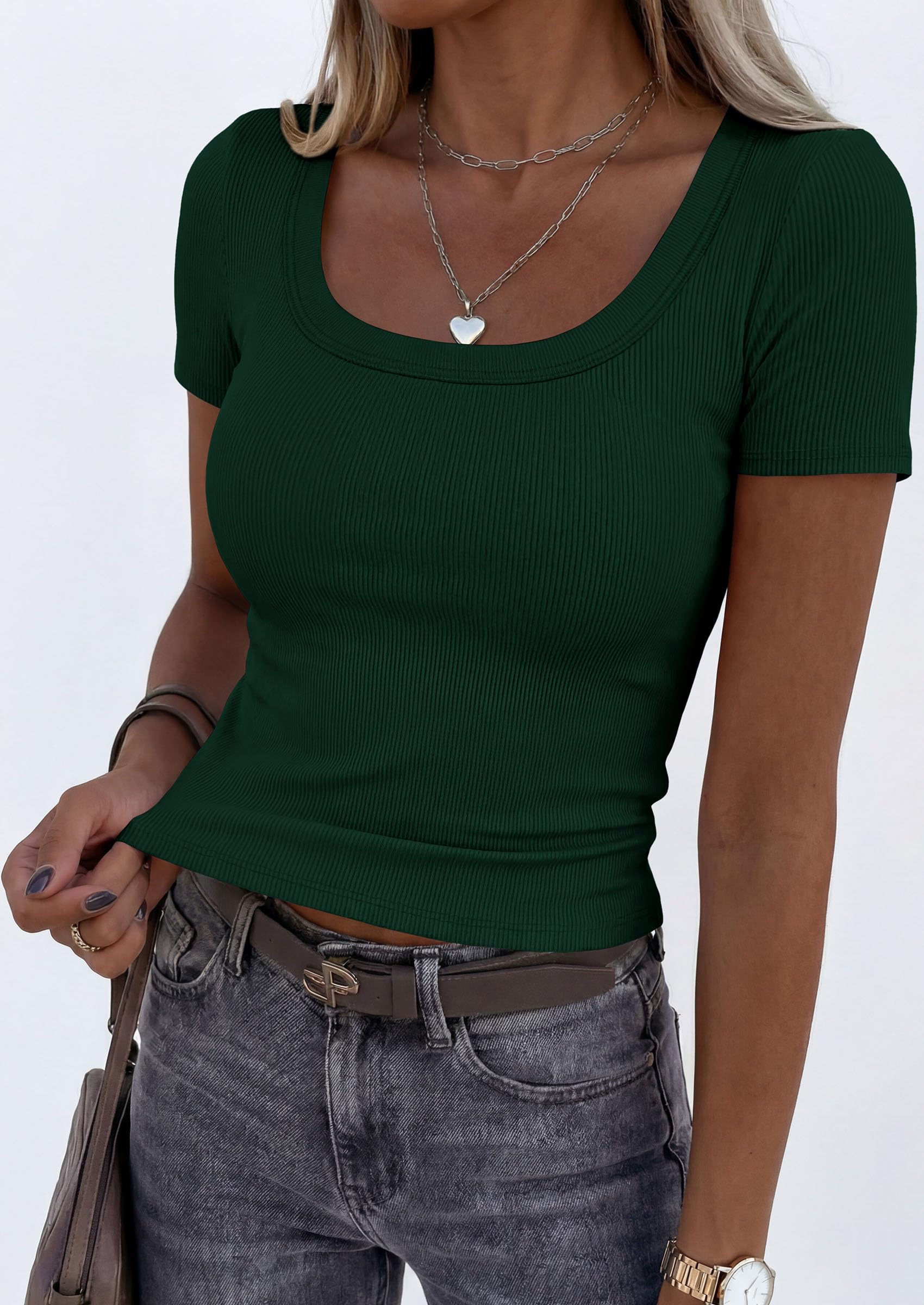 Womens Summer Short Sleeve Scoop Neck Tops,Dark Green,S