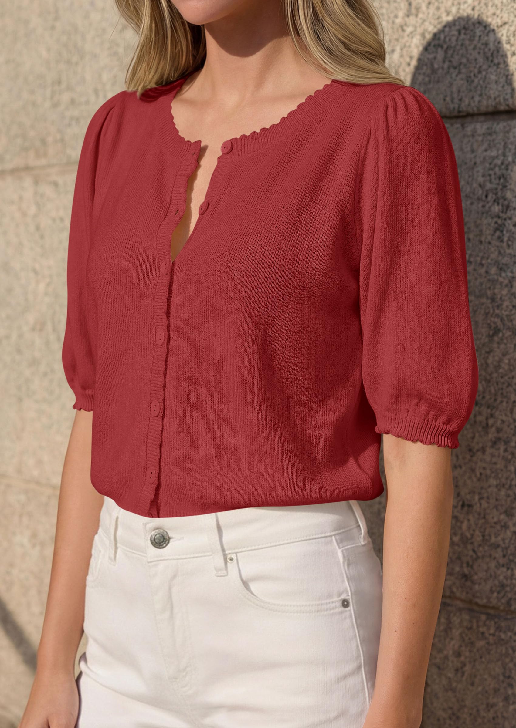 Women Short Sleeve Lightweight Knit Cardigans, Rust,S