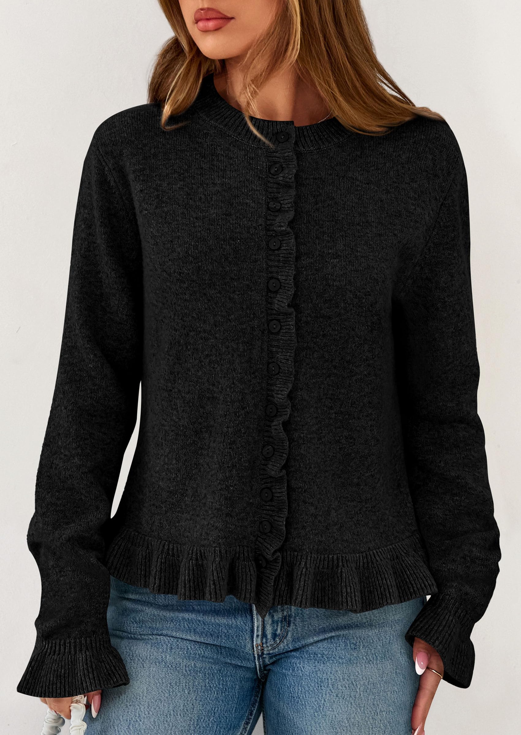 Womens Ruffle Button Down Cardigan Sweaters,Black,S