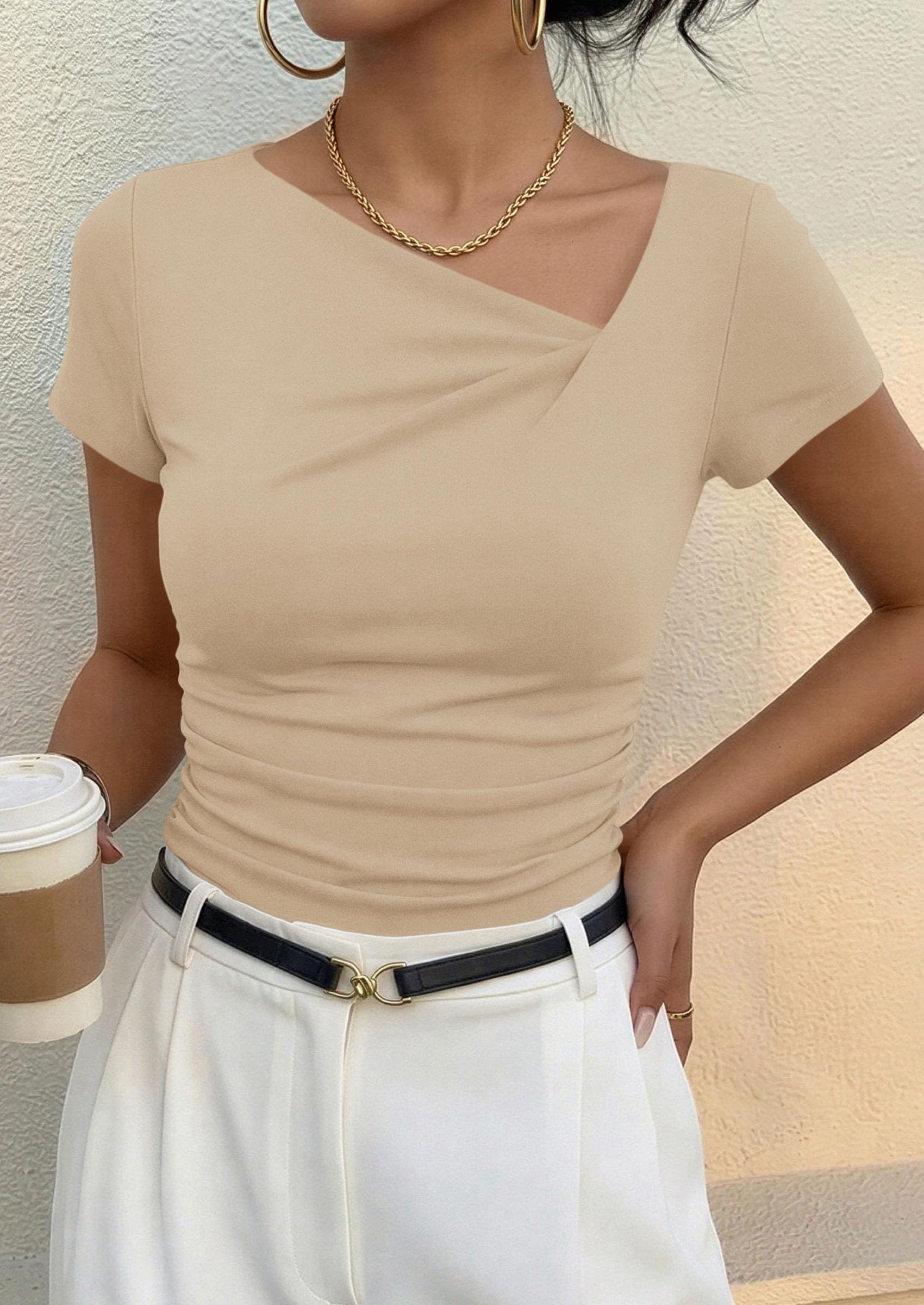 Women's Summer Trendy Asymmetrical Y2K Tops (Beige,S)