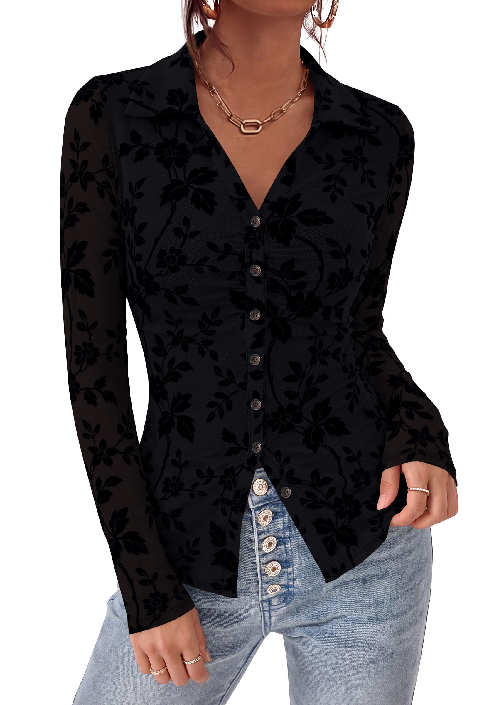 Women's Long Sleeve Floral Mesh Boho Tops Button Down Shirts