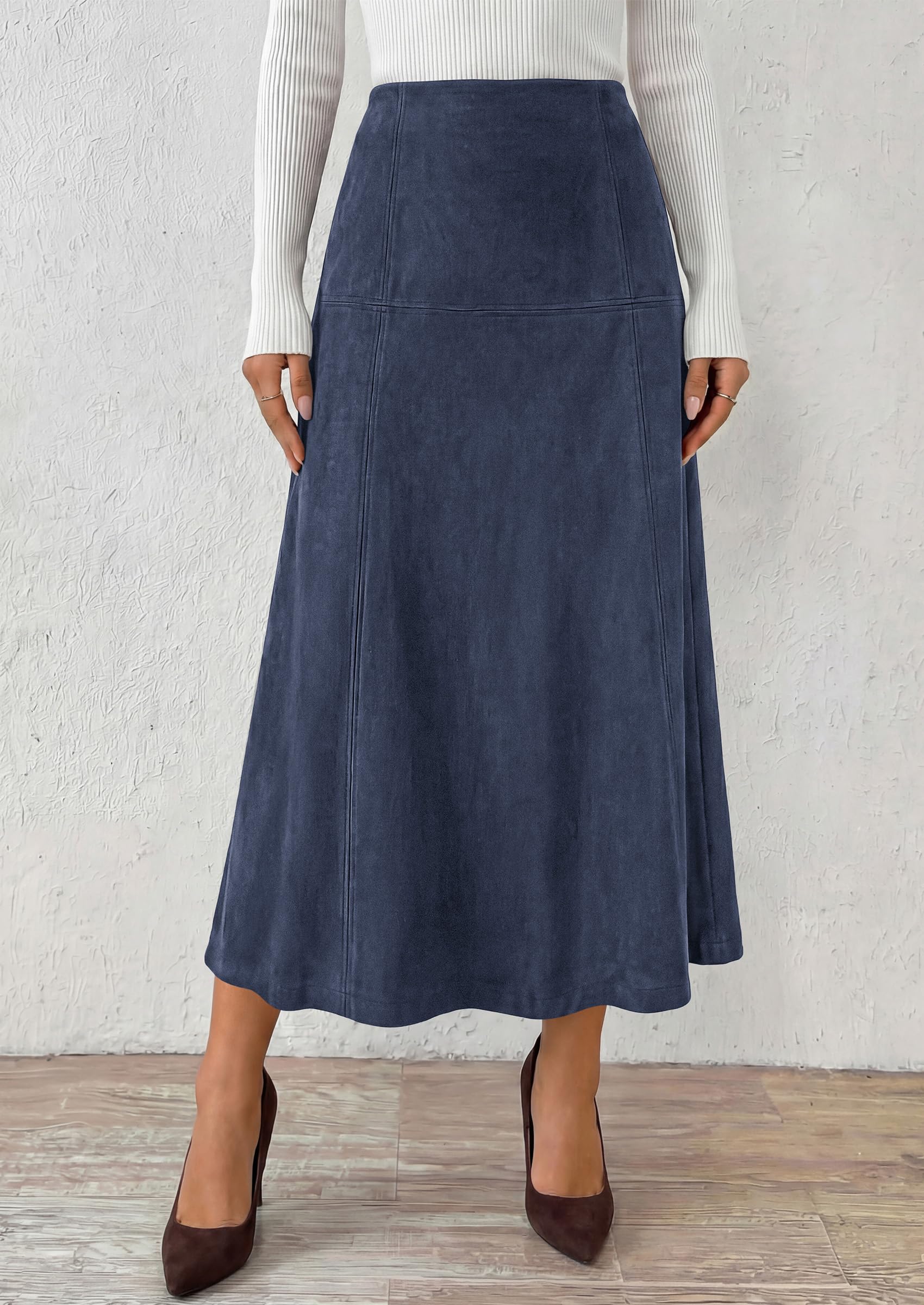 Womens High Waist Faux Suede A Line Midi Skirt,Navy,S