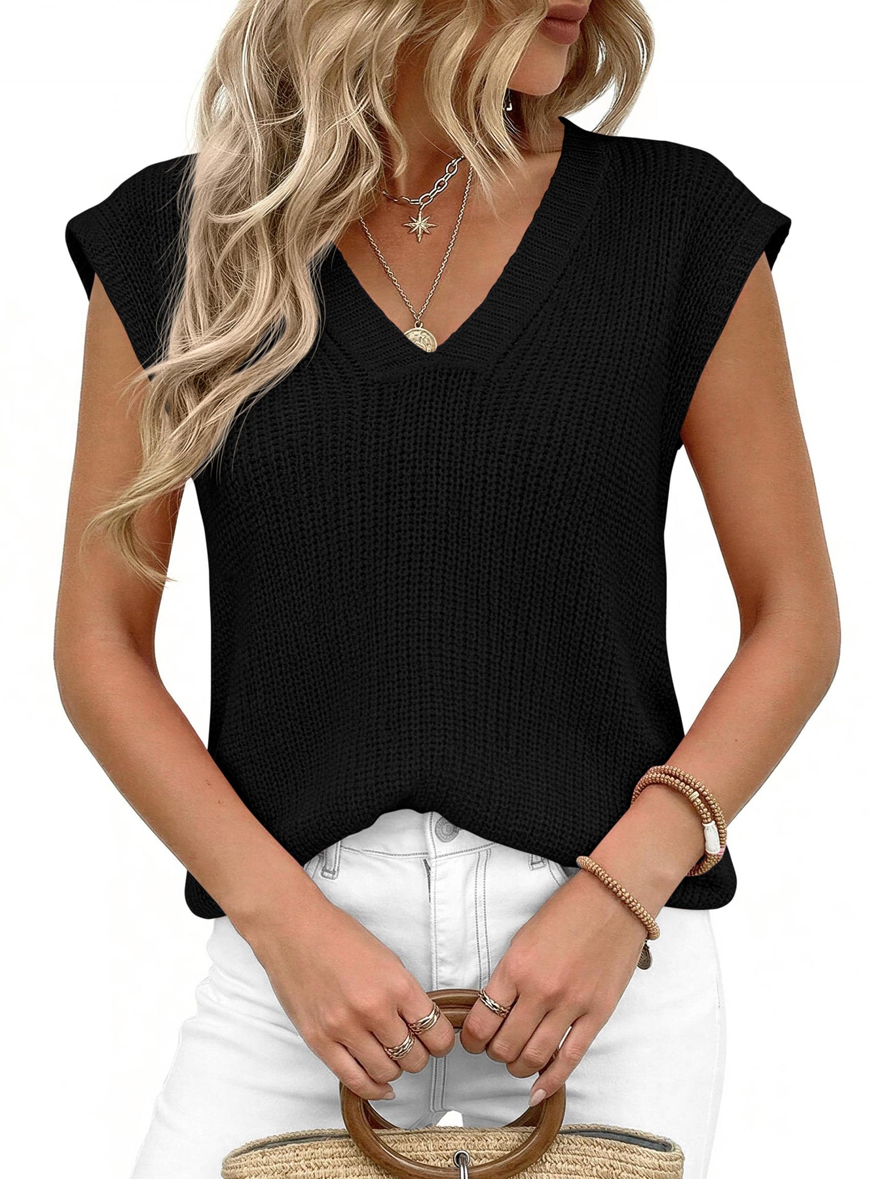 Women's Cap Sleeve Sweaters Vest Summer Tops (Black,S)