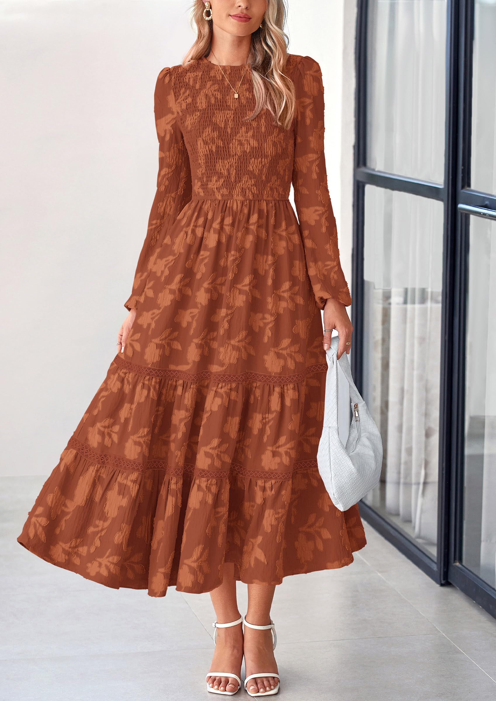 Women's Long Sleeve Boho Floral Midi Dress, Brick Red,S