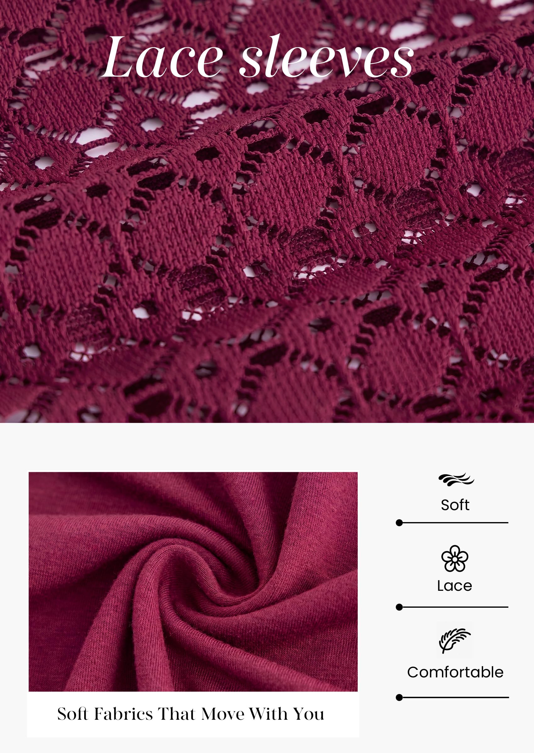 Women's Long Sleeve Shirts Fall Lace Tops,Burgundy,S