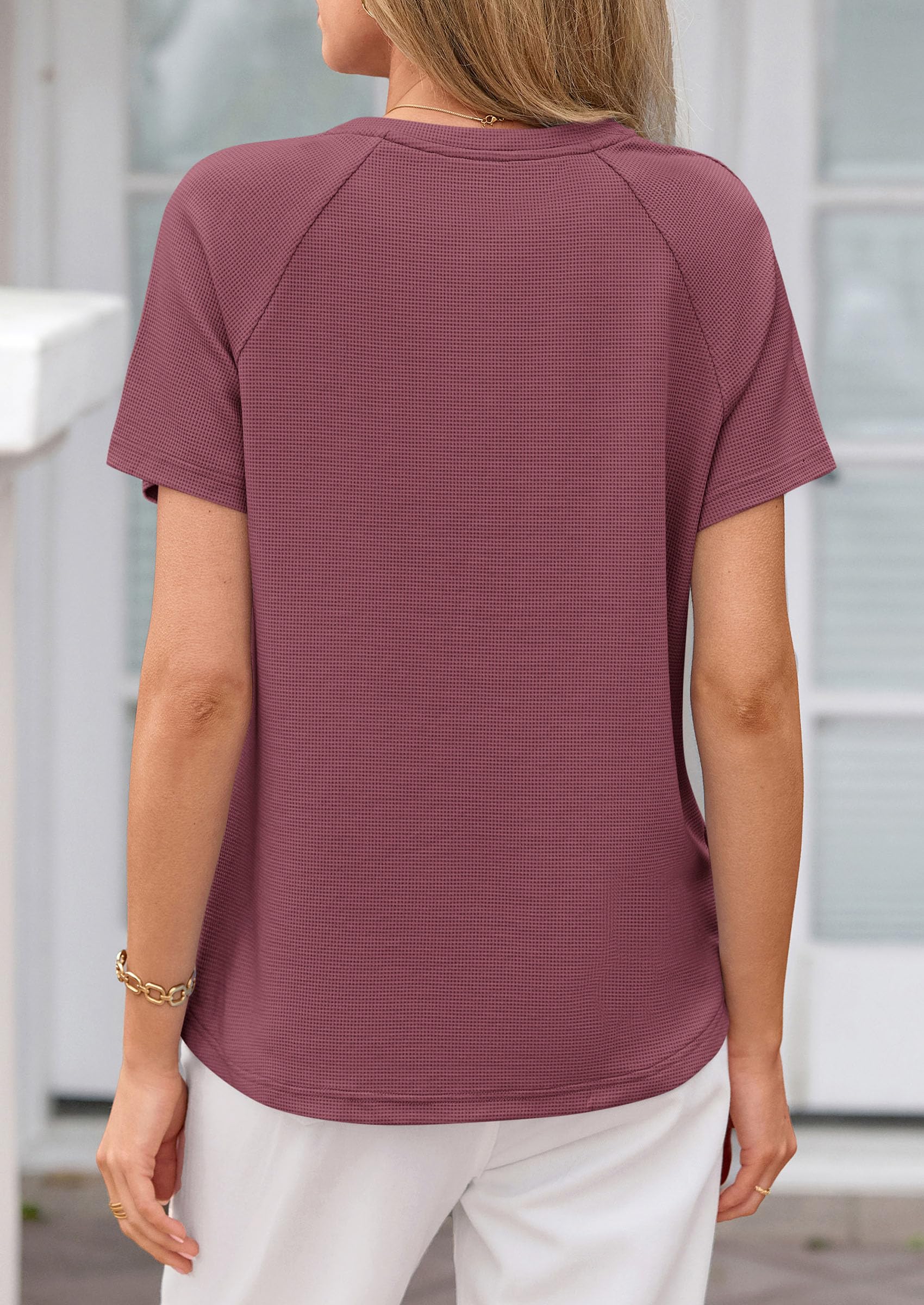 Women's Short Sleeve Waffle Knit Henley Shirts, Mauve,S