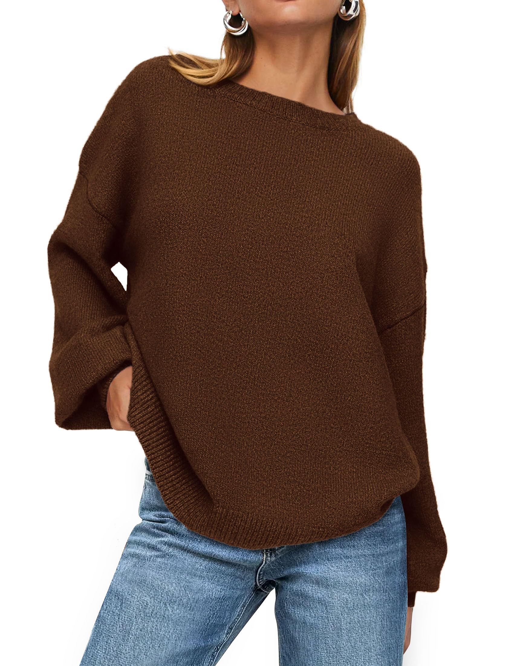 Women's 2025 Fall Sweaters Casual Crew Neck Long Sleeve Pullover Tops Ribbed Knit Loose Fit Winter Clothes (Brown,Small)