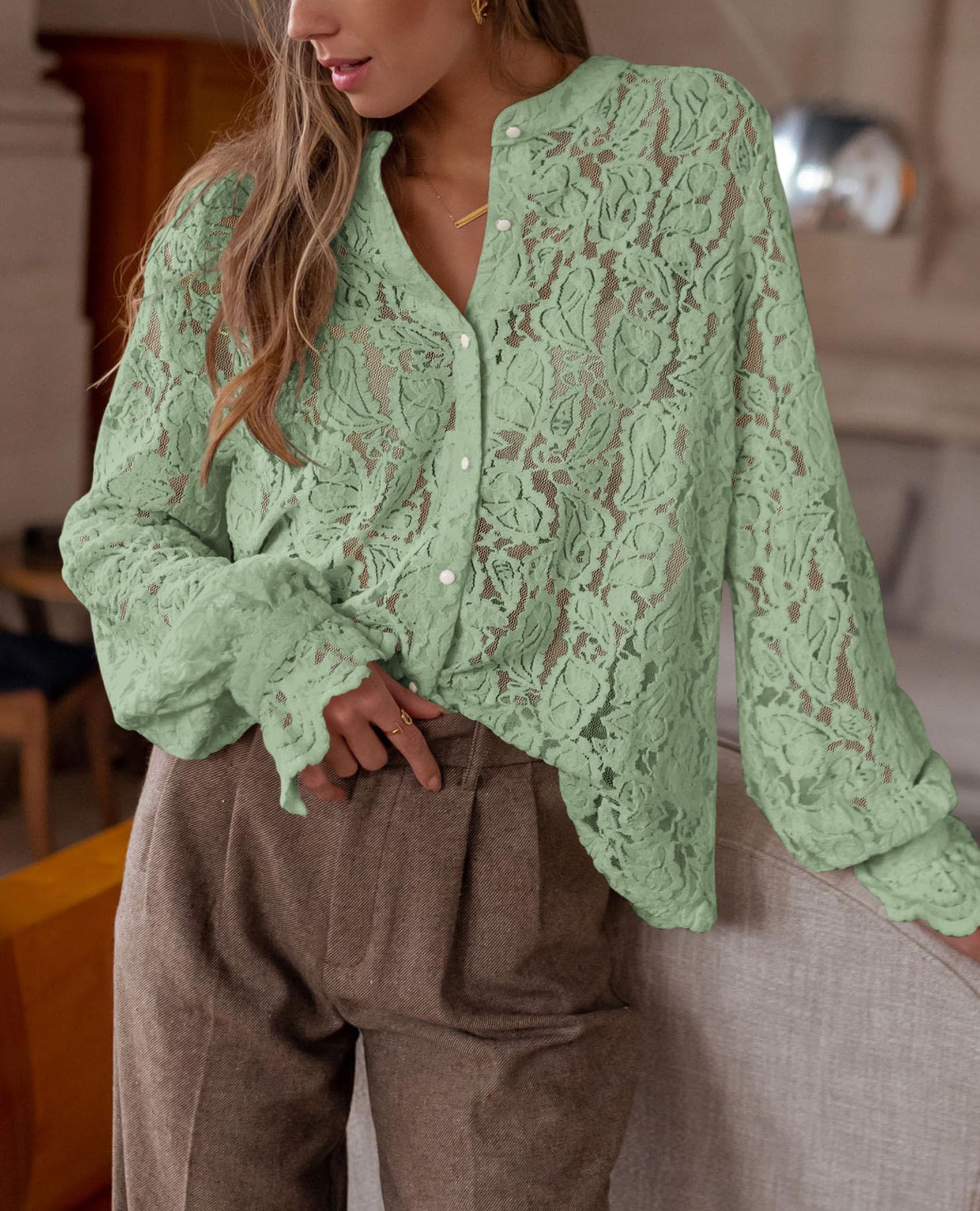 Women's Fall Trendy Long Sleeve Lace Tops(Dusty Green,Small)