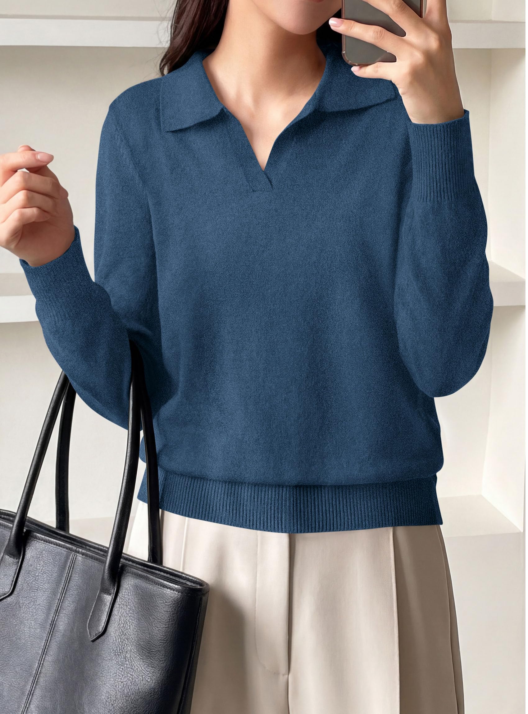 Womens Long Sleeve Collared Polo Sweater,Navy Blue,S