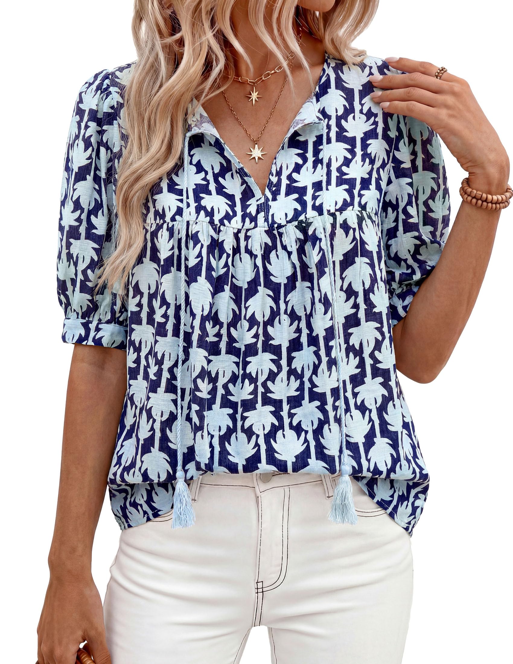 Womens Summer Boho Blouses Dressy Casual Floral Navy,S