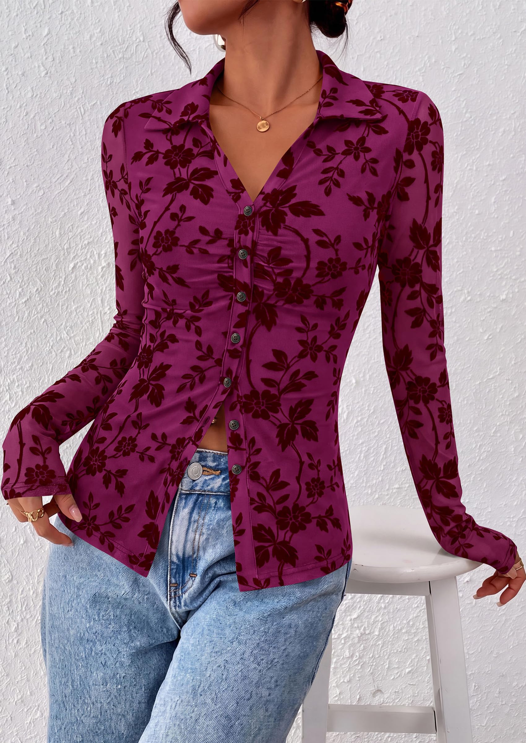 Women's Long Sleeve Floral Mesh Boho Tops Button Down Shirts