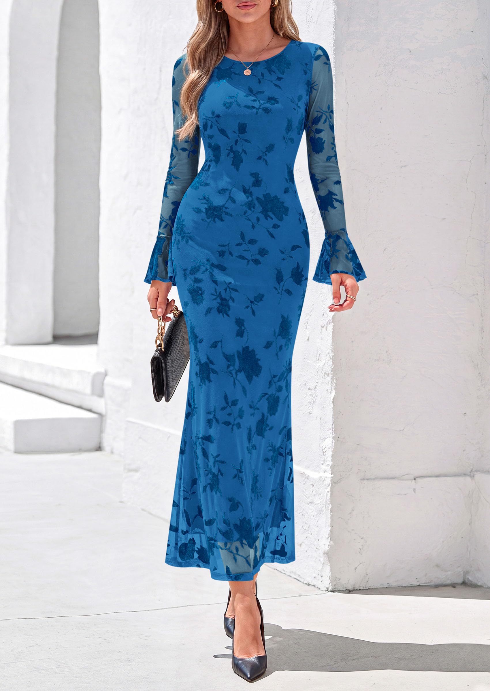 Women's Long Sleeve Maxi Floral Mesh Fall Wedding Guest Dress