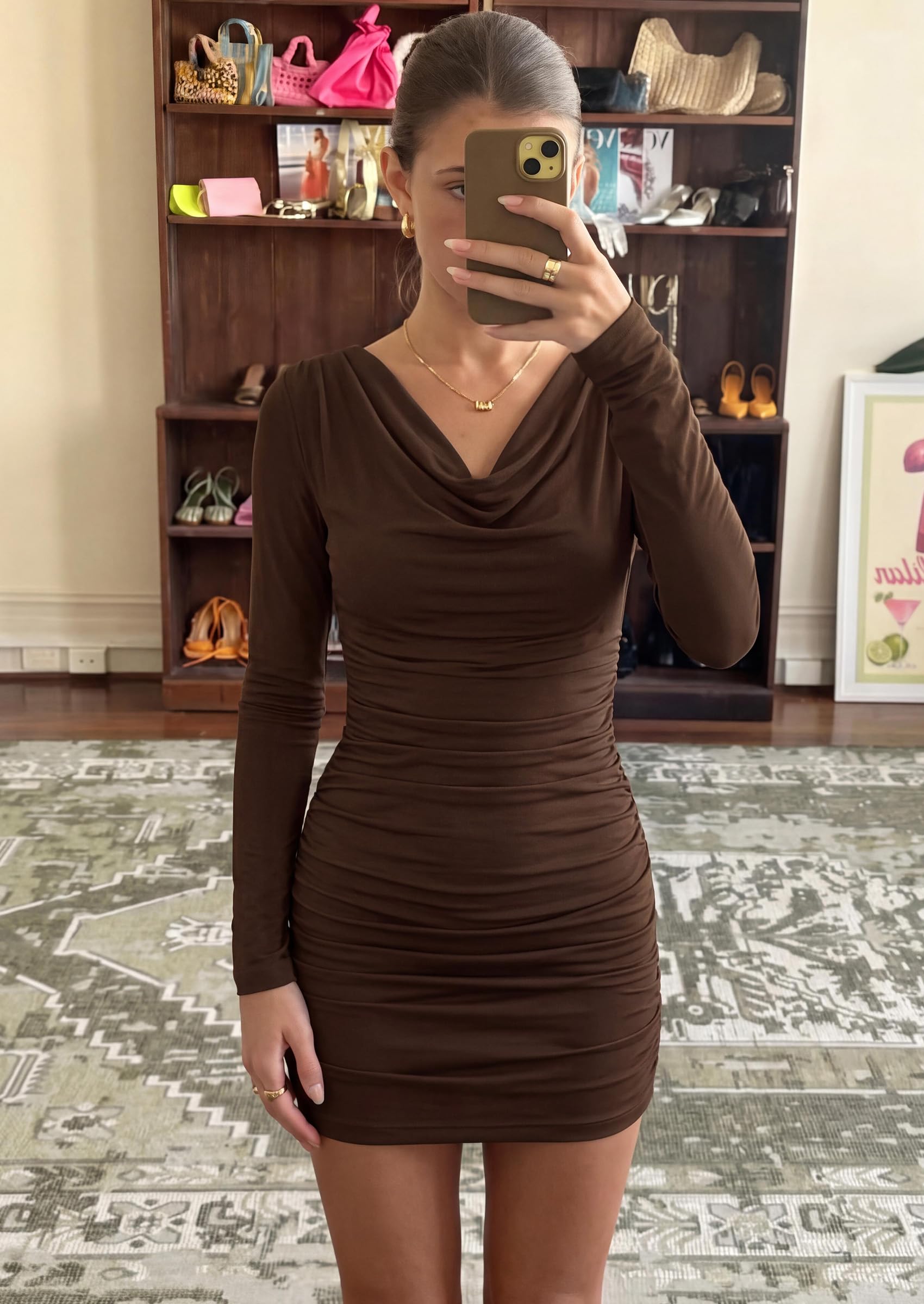 Women's Bodycon Mini Long Sleeve Cowl Neck Dress, Brown,XS