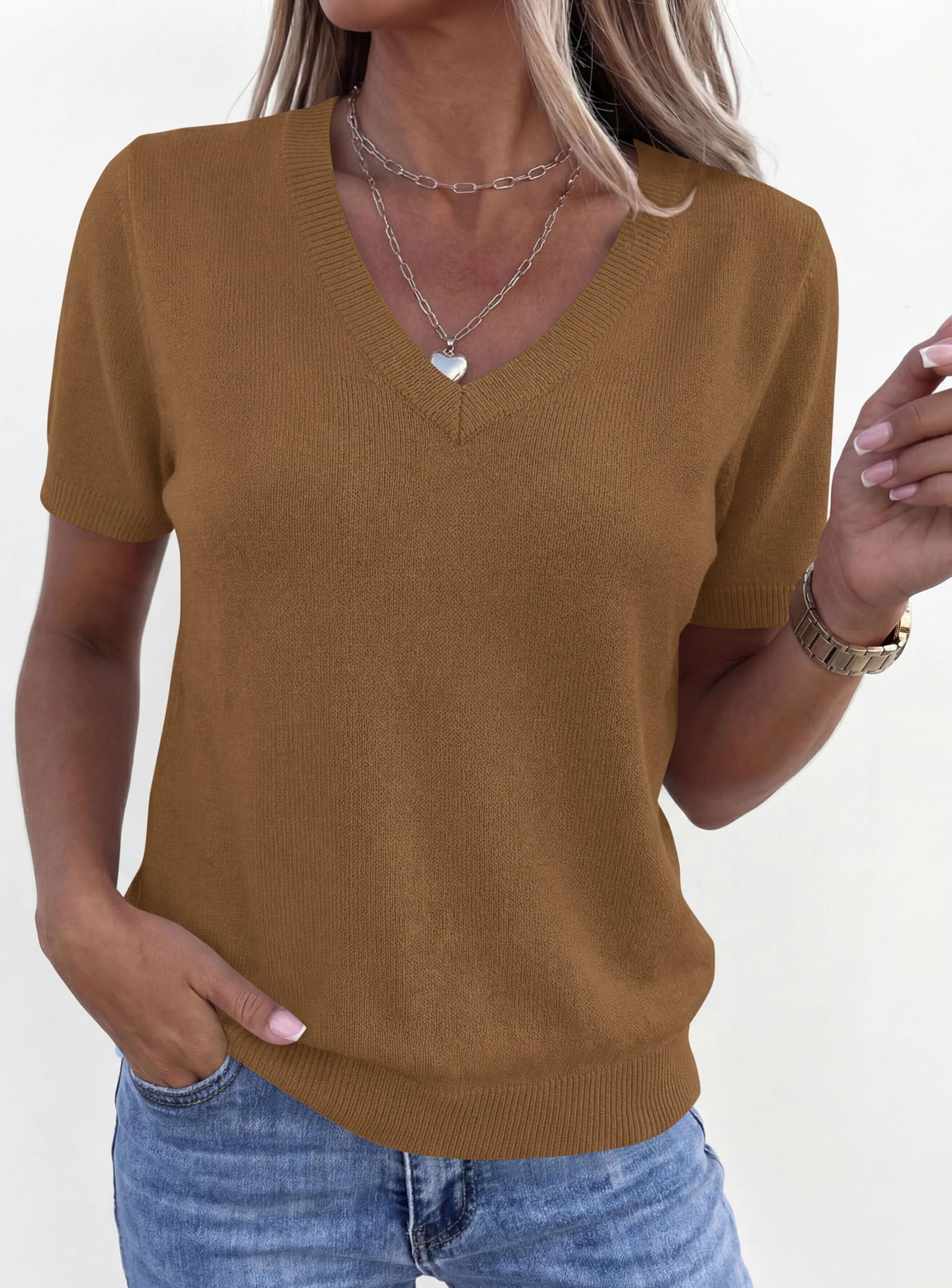 Womens Short Sleeve Sweater V Neck Tops,Khaki,S