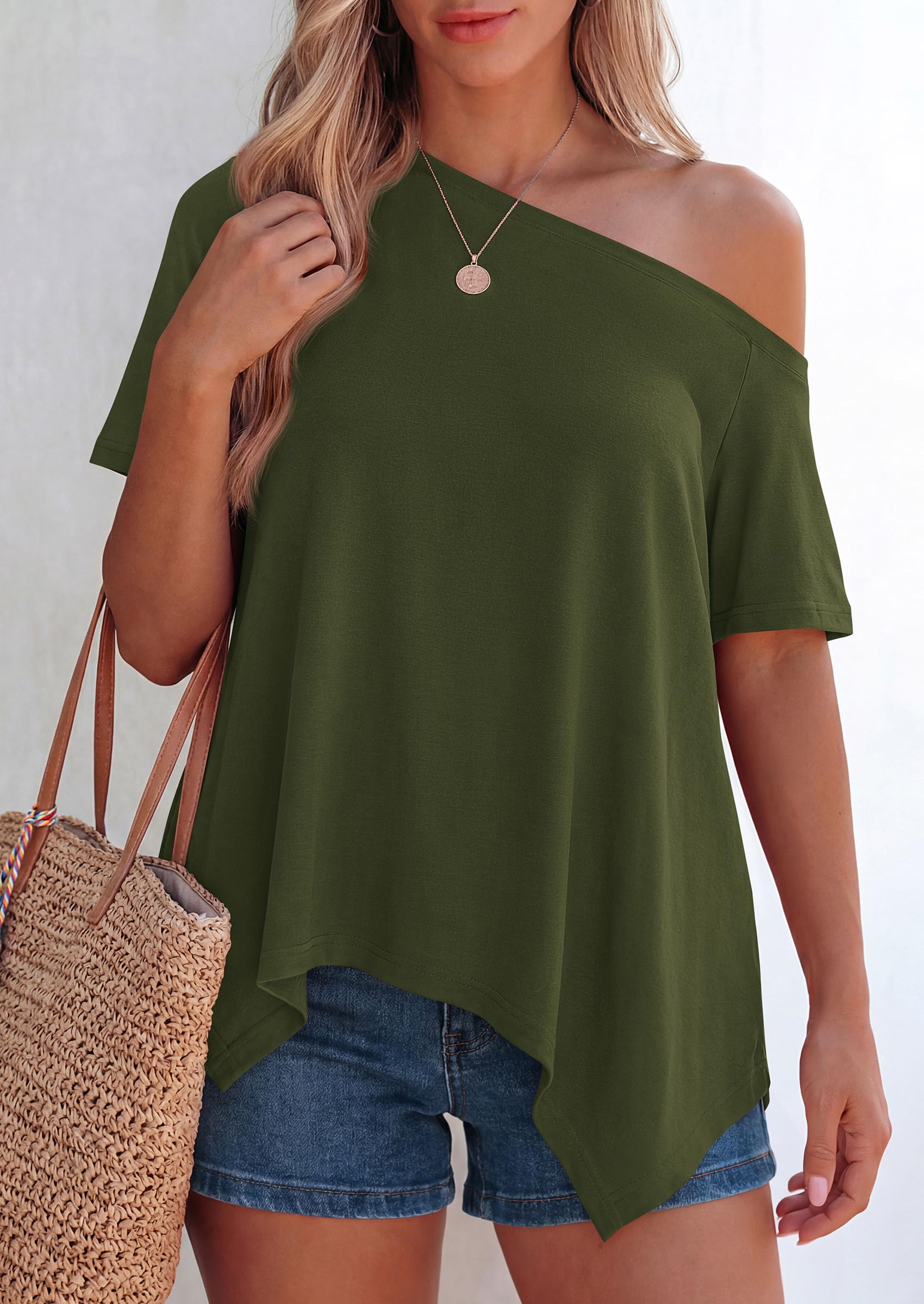 Off Shoulder Tops for Women Oversized Tshirts, Army Green,S