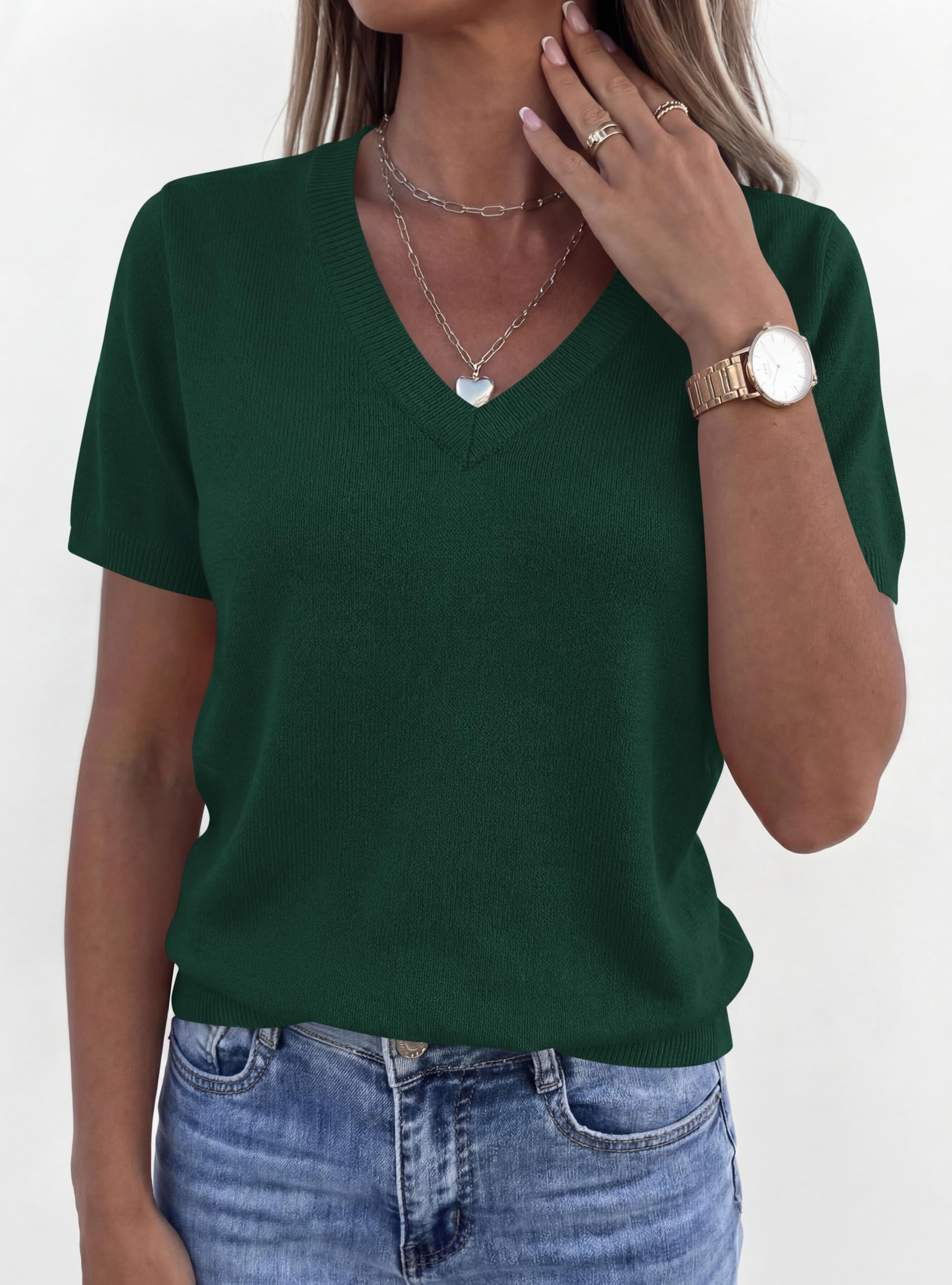 Womens Short Sleeve Sweater V Neck Tops,Dark Green,S
