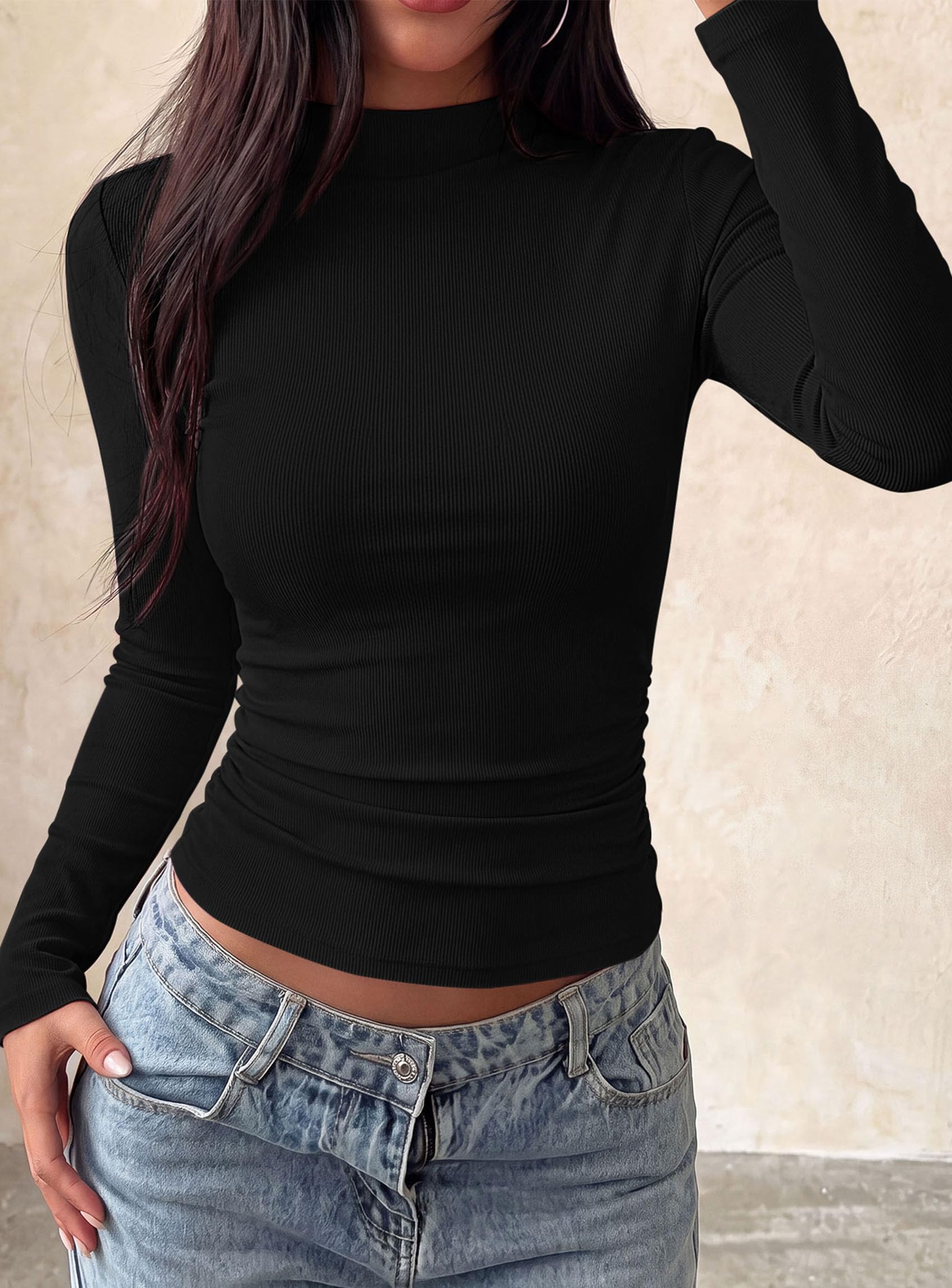 Womens Tops Casual Mock Neck Long Sleeve Shirts,Black,S
