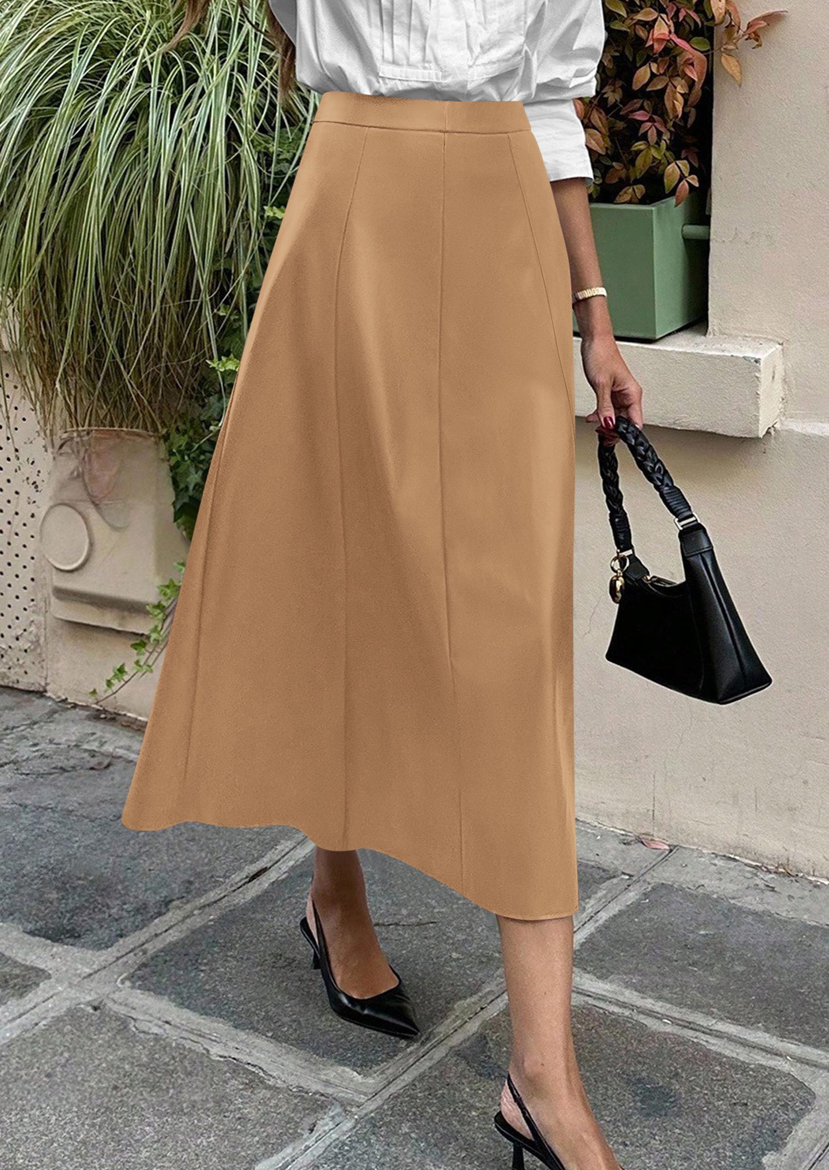 Womens Faux Leather High Waisted Midi Skirt,Khaki,M