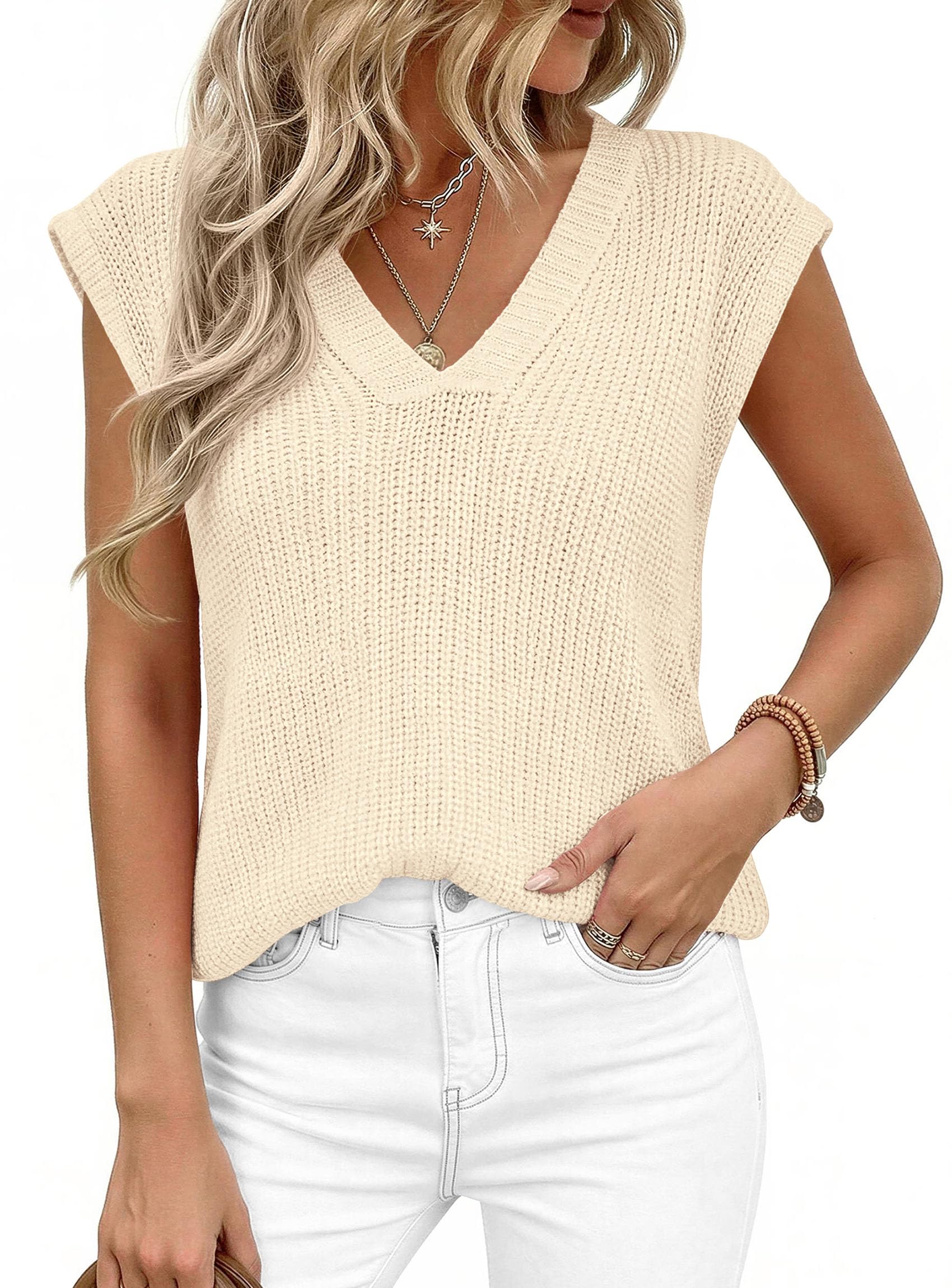 Women's Cap Sleeve Sweaters Vest Summer Tops (Beige,S)